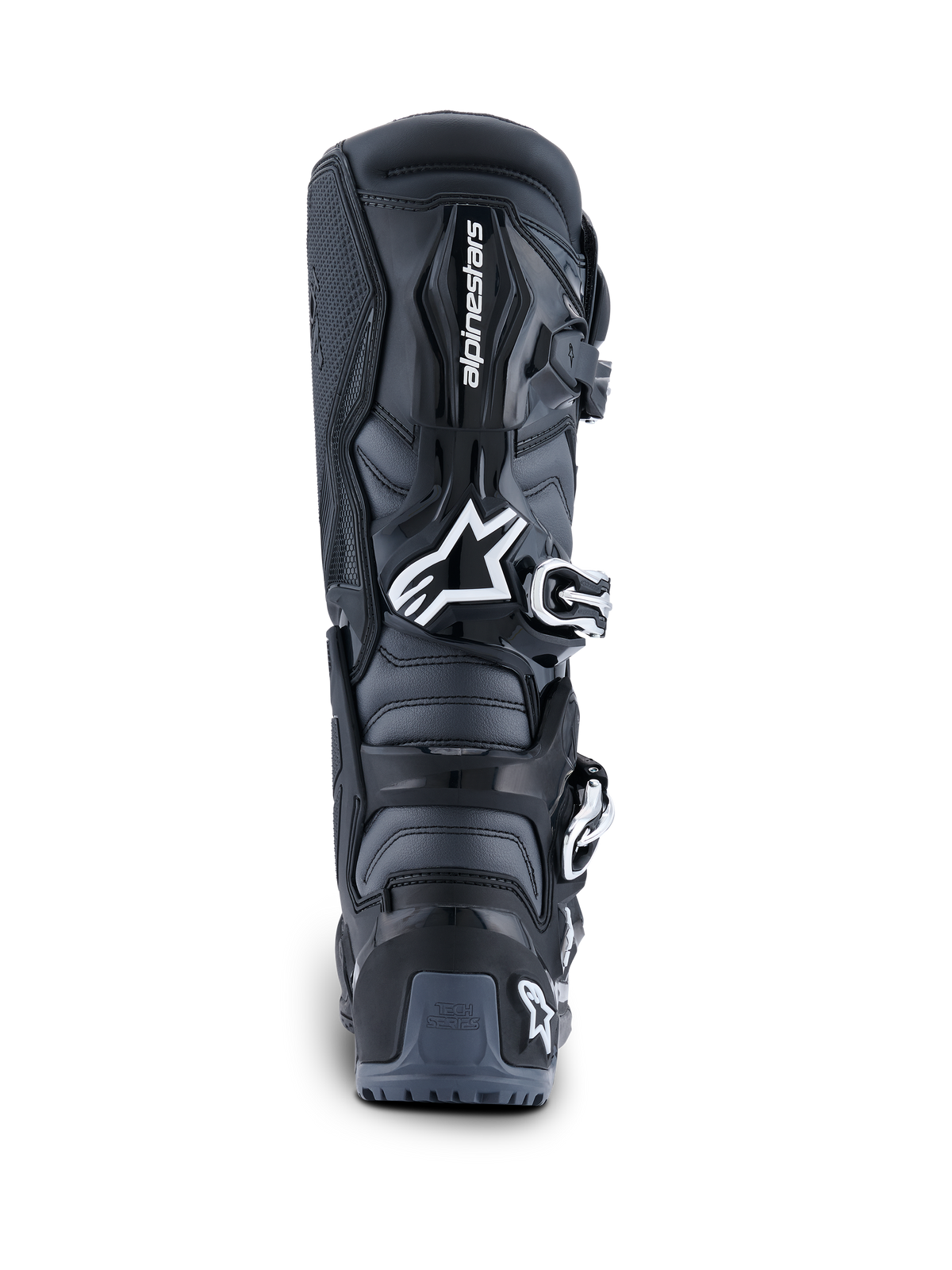 Alpinestars 2026 Tech 7 Enduro Boots, Rear View, Black Anthracite and White, off-road motorcycle boots featuring white Astar logo, buckle closure system, and TPU heel protection