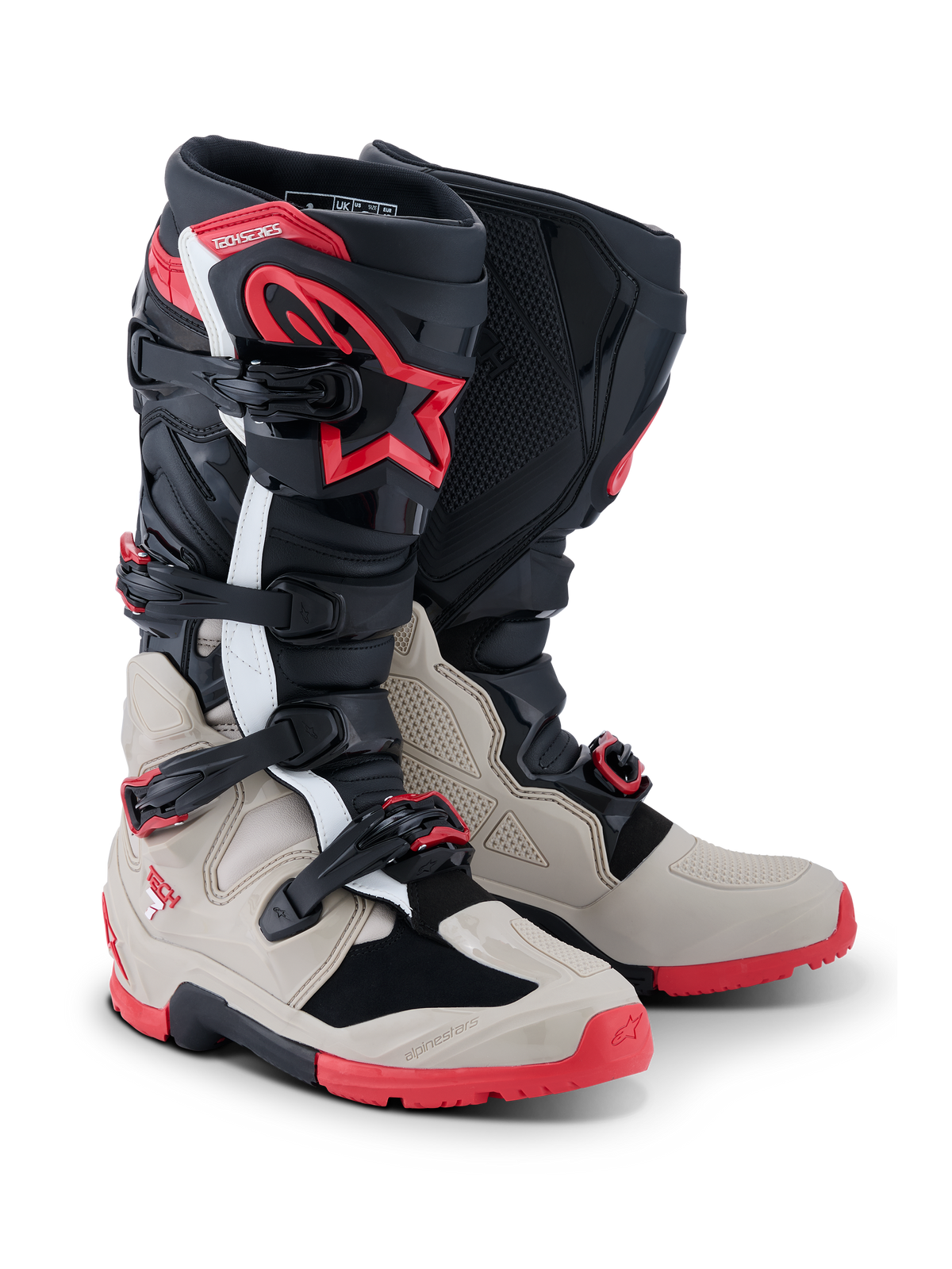 Alpinestars 2026 Tech 7 Enduro Boots, Motocross and Enduro Boots, Black Light Gray and Bright Red, featuring a four-buckle closure system, TPU shin protection with red star logo, and a rugged red sole for off-road performance