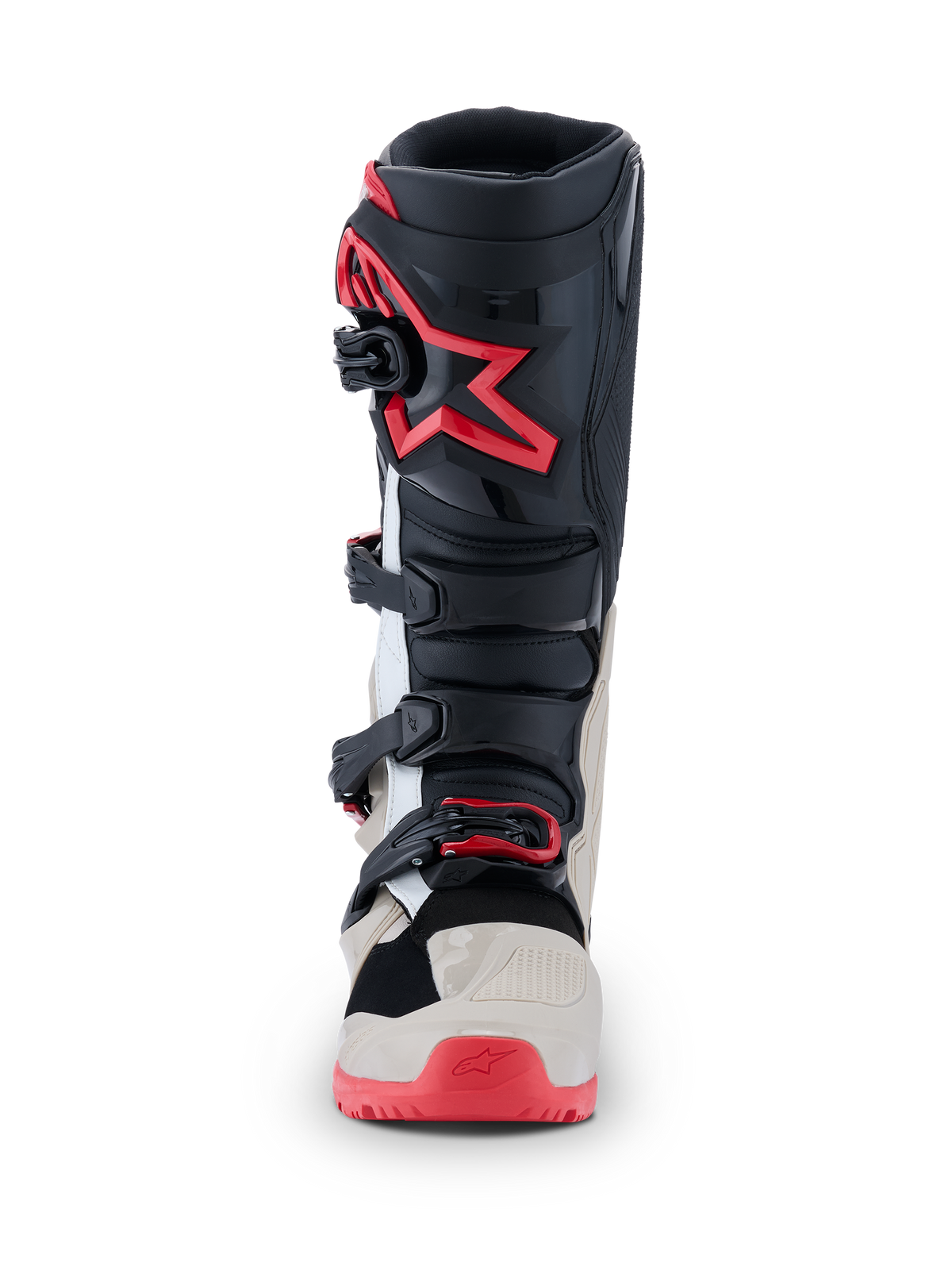 Alpinestars 2026 Tech 7 Enduro Boots, Motocross Boots, Black Light Gray and Bright Red, front view showing multi-buckle closure system and red star logo on the shin