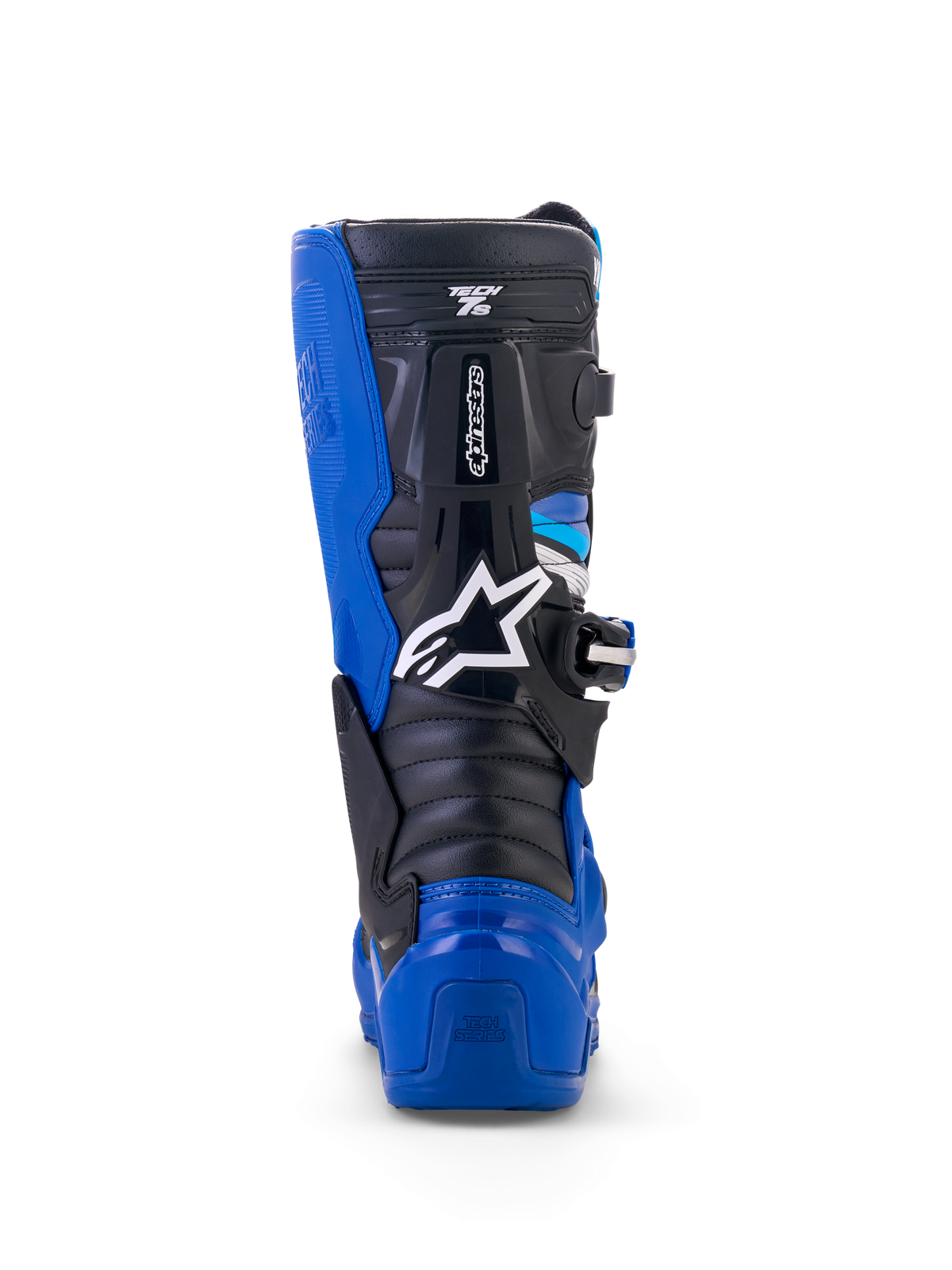 Alpinestars Yamaha Youth Tech 7S Boots, Motocross Boots, Blue Black and White, rear view highlighting TPU heel and calf protection, white star logo, and durable pivot system design