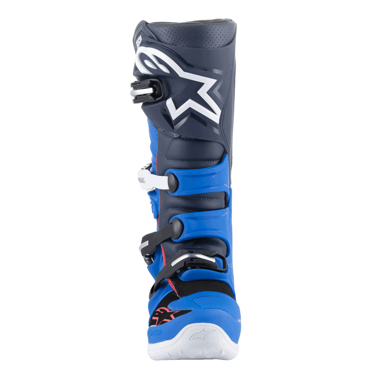 Alpinestars Tech 7 Boots, Motocross Boots, Alpine Blue, Night Navy and Bright Red, front view featuring a dark navy upper with a large white Astars logo, bright blue TPU protective panels, and a buckle closure system, high-performance footwear for off-road riding.