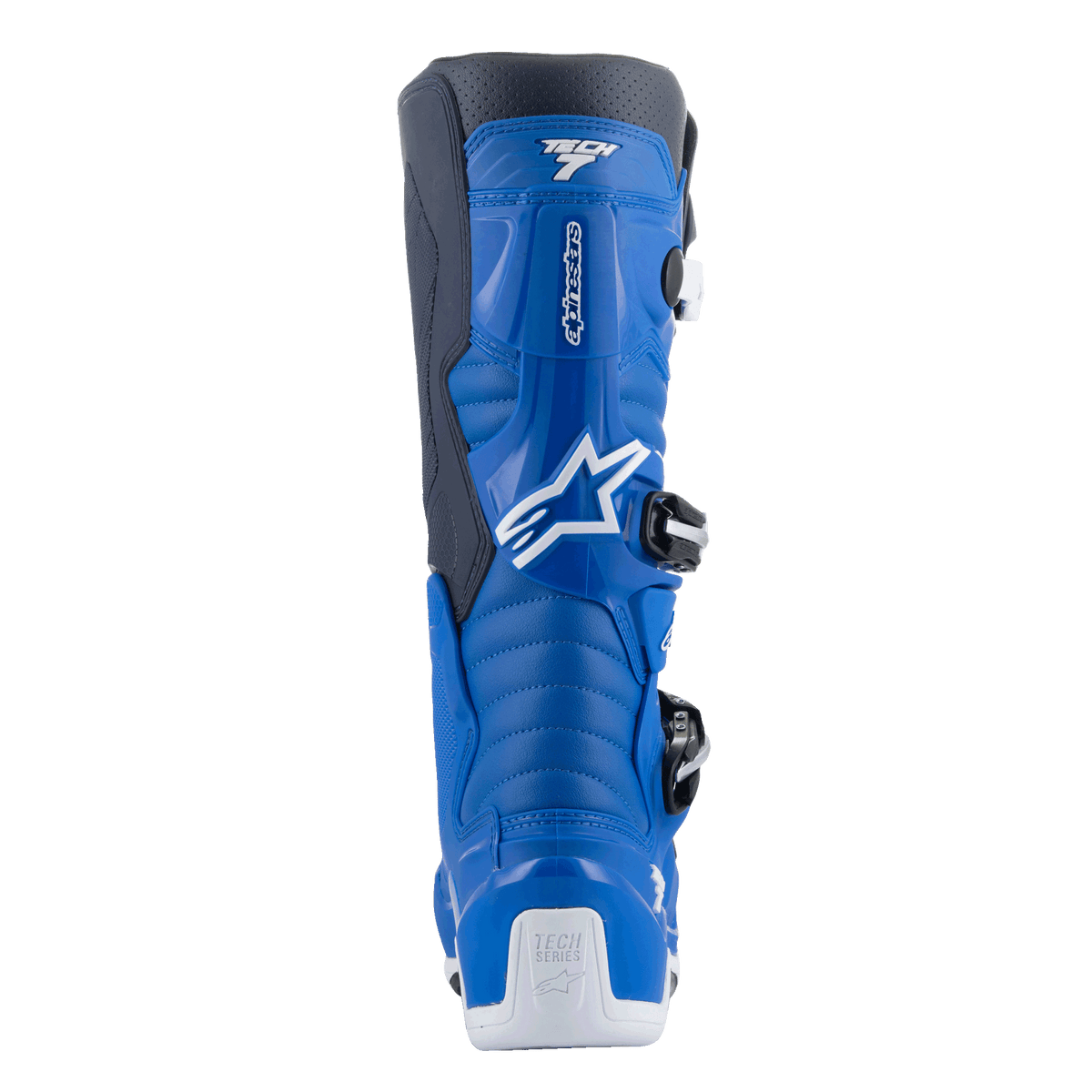 Alpinestars Tech 7 Boots, Motocross Boots, Alpine Blue and Night Navy with White accents, rear view showing the contoured calf protector, white heel reinforcement with Tech Series logo, and side-entry buckle system details.