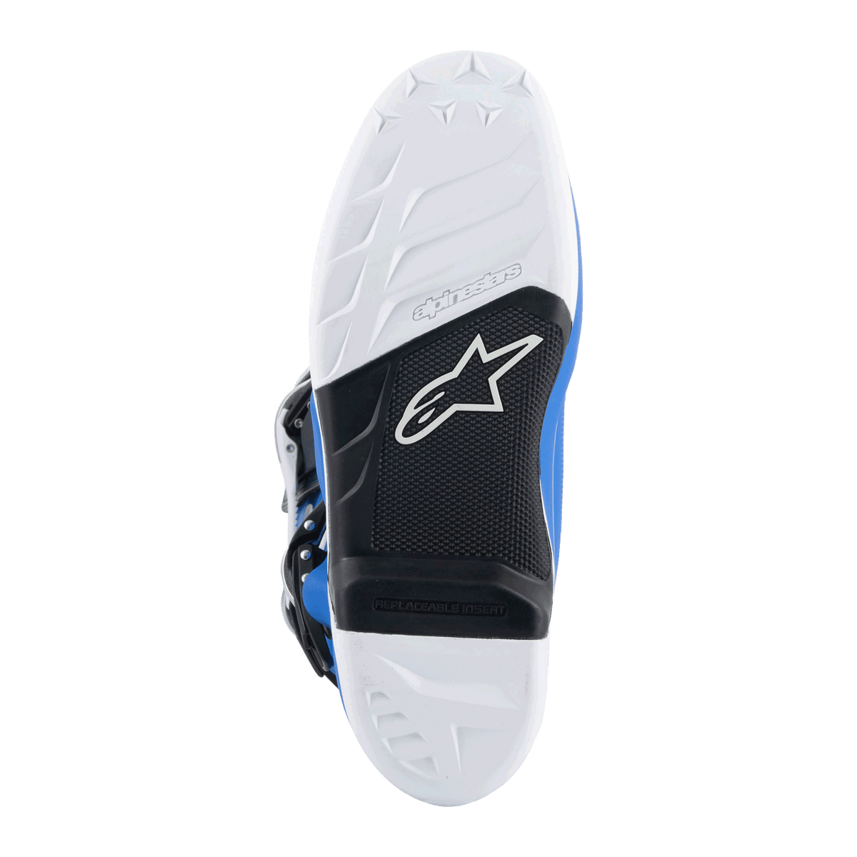 Alpinestars Tech 7 Boots, Motocross Boots, Alpine Blue and White, bottom view of sole featuring white grip pattern, black arch with replaceable footpeg insert and Alpinestars logo, durable compound for off-road racing