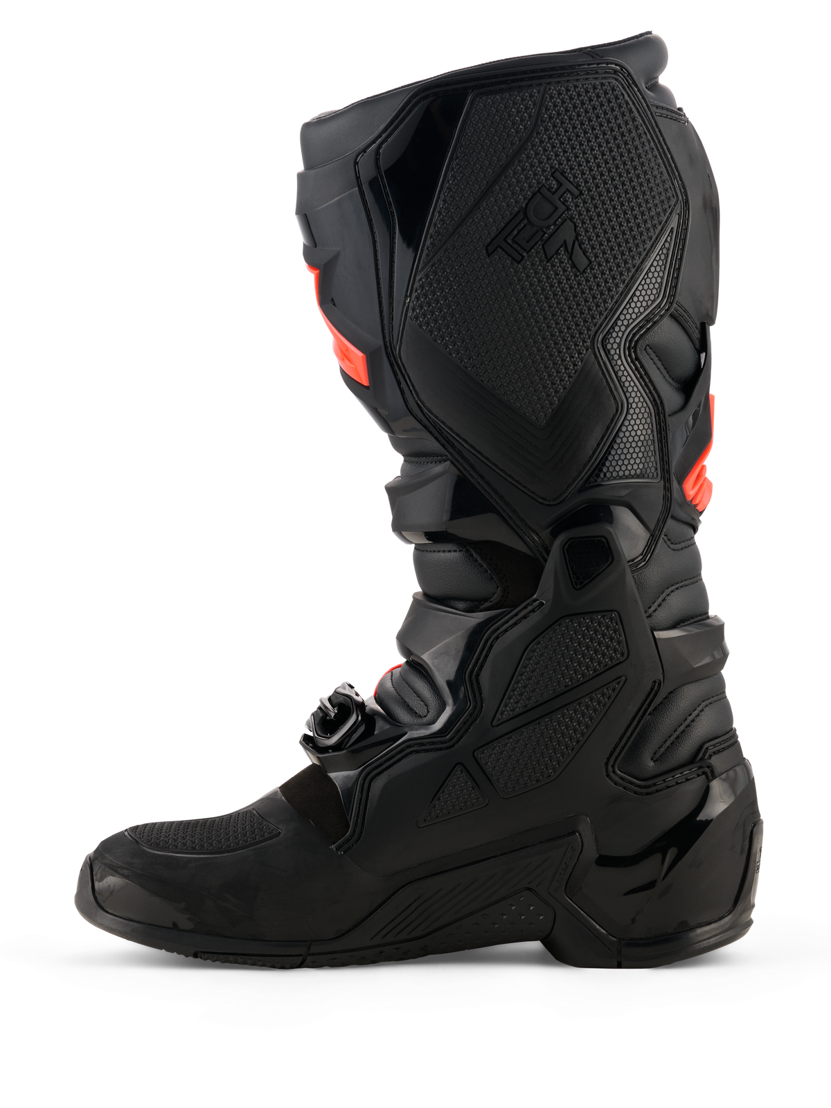 Alpinestars Tech 7 Boots, Motocross Boots, Black with Red Fluo accents, medial side profile view featuring TPU protective shells, buckle system, and textured grip panels for off-road performance