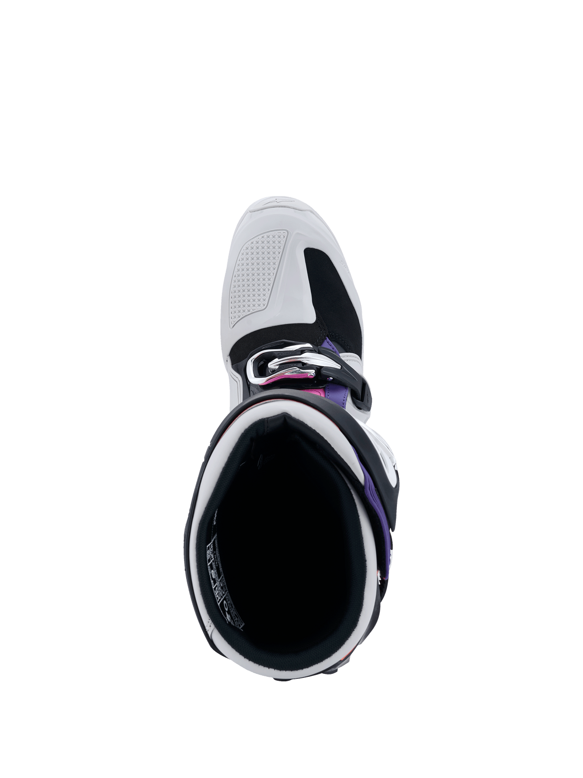 Alpinestars Tech 7 Boots, top-down view into the boot opening, Light Gray and Black with Purple and Magenta accents, showing interior padding, buckle system, and reinforced toe box for off-road racing