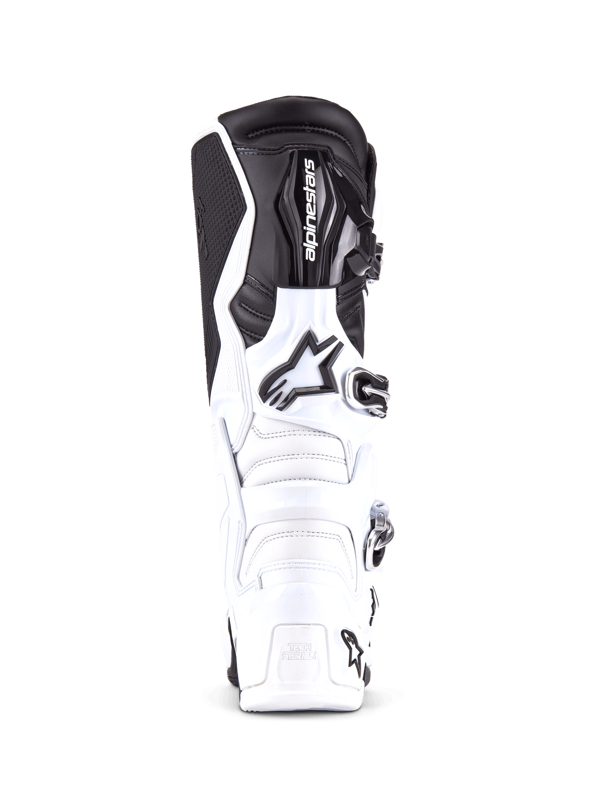 Alpinestars Tech 7 Boots, professional motocross boots in White and Black, front view showing the reinforced shin plate with Alpinestars logo, multi-buckle closure system, and durable TPU construction for off-road riding