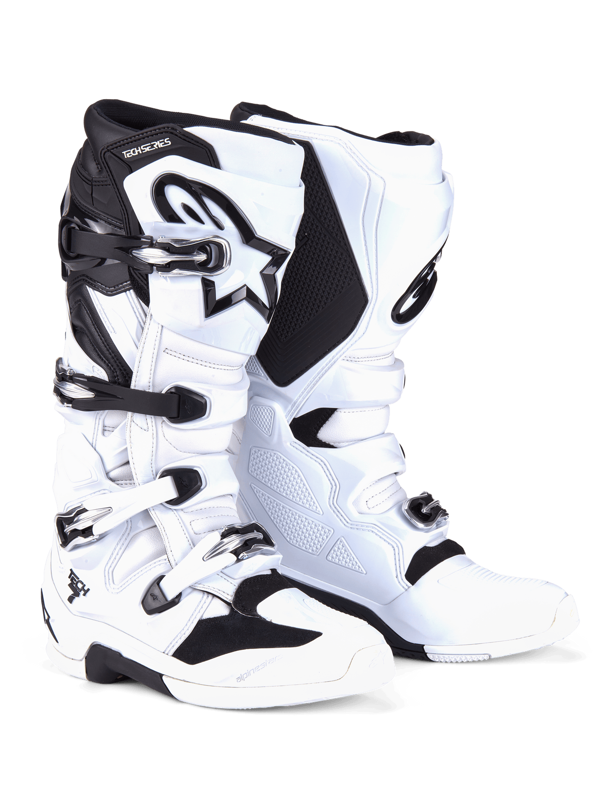 Alpinestars Tech 7 Boots, Motocross Boots, White and Black, featuring a four-buckle closure system with silver and black hardware, prominent Alpinestars logo on the shin, and reinforced TPU panels for off-road protection.