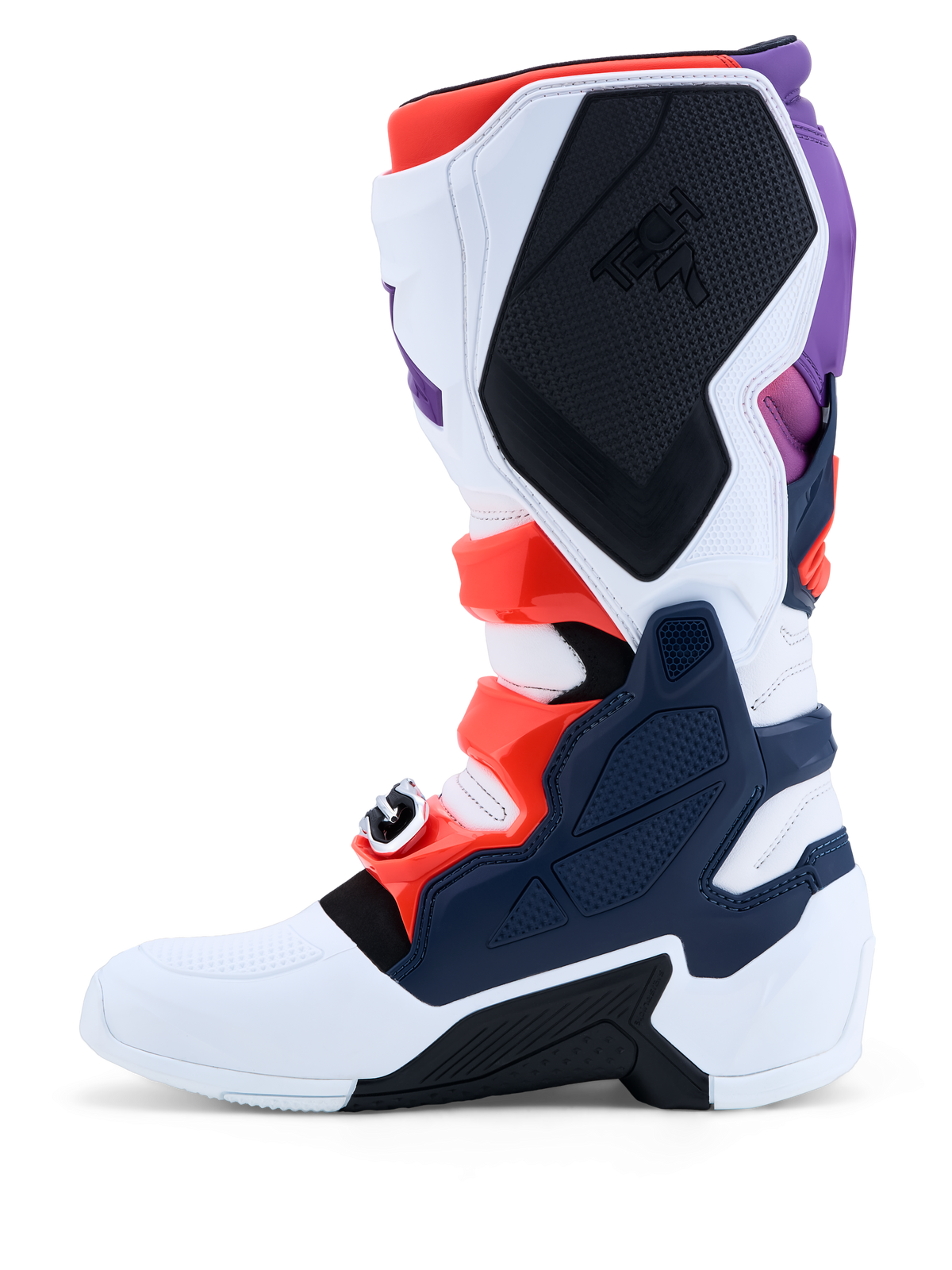 Alpinestars Tech 7 Men's Motocross Boots, Purple, White, and Dark Blue, with Red Fluo accents and protective TPU plates.