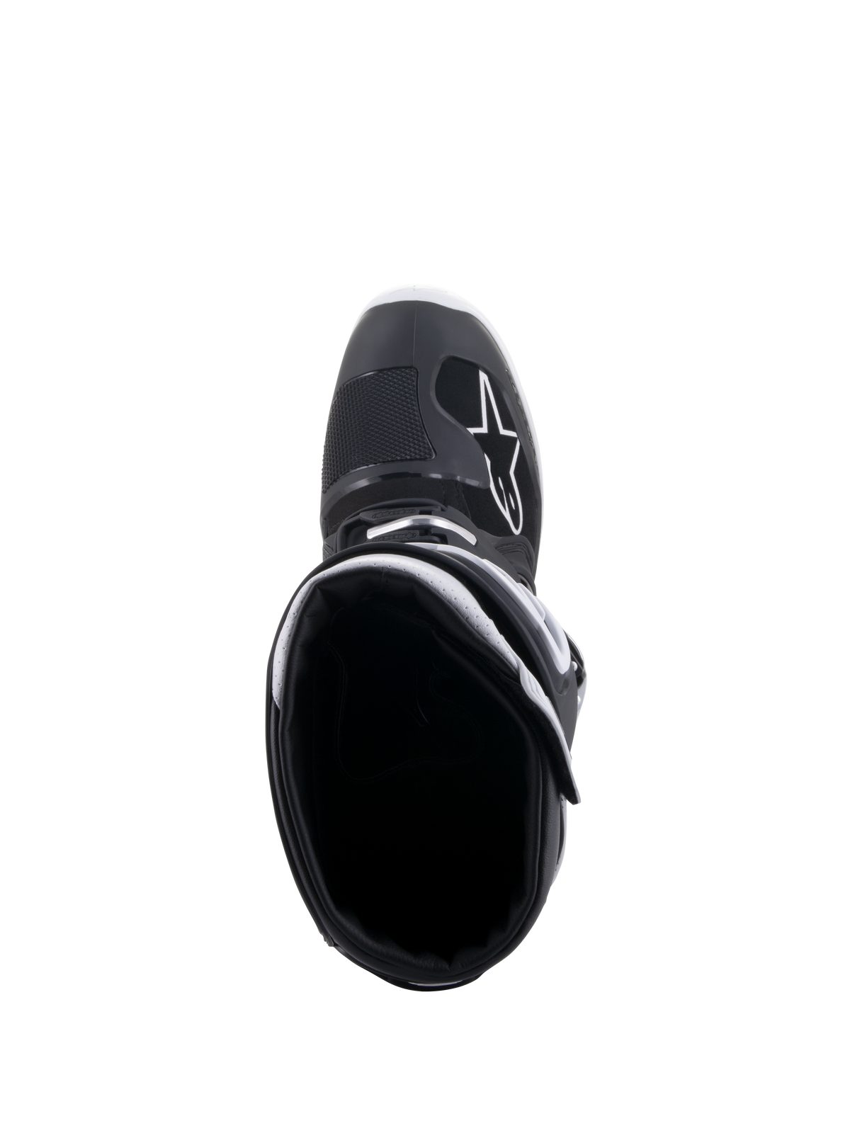 Alpinestars Tech 7 Enduro Drystar® Boots, Black and White, top-down view looking into the boot opening, featuring a white A-star logo on the toe area, white collar lining, and high-performance waterproof design for enduro riding