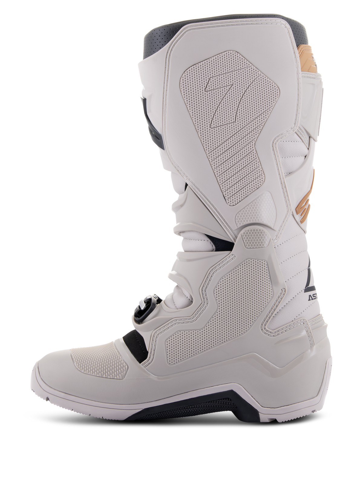 Alpinestars Tech 7 Enduro Drystar® Boots in Gray Sand, medial side view showing honeycomb-textured grip panels, light gray TPU and microfiber construction, black outsole, and waterproof membrane for off-road performance