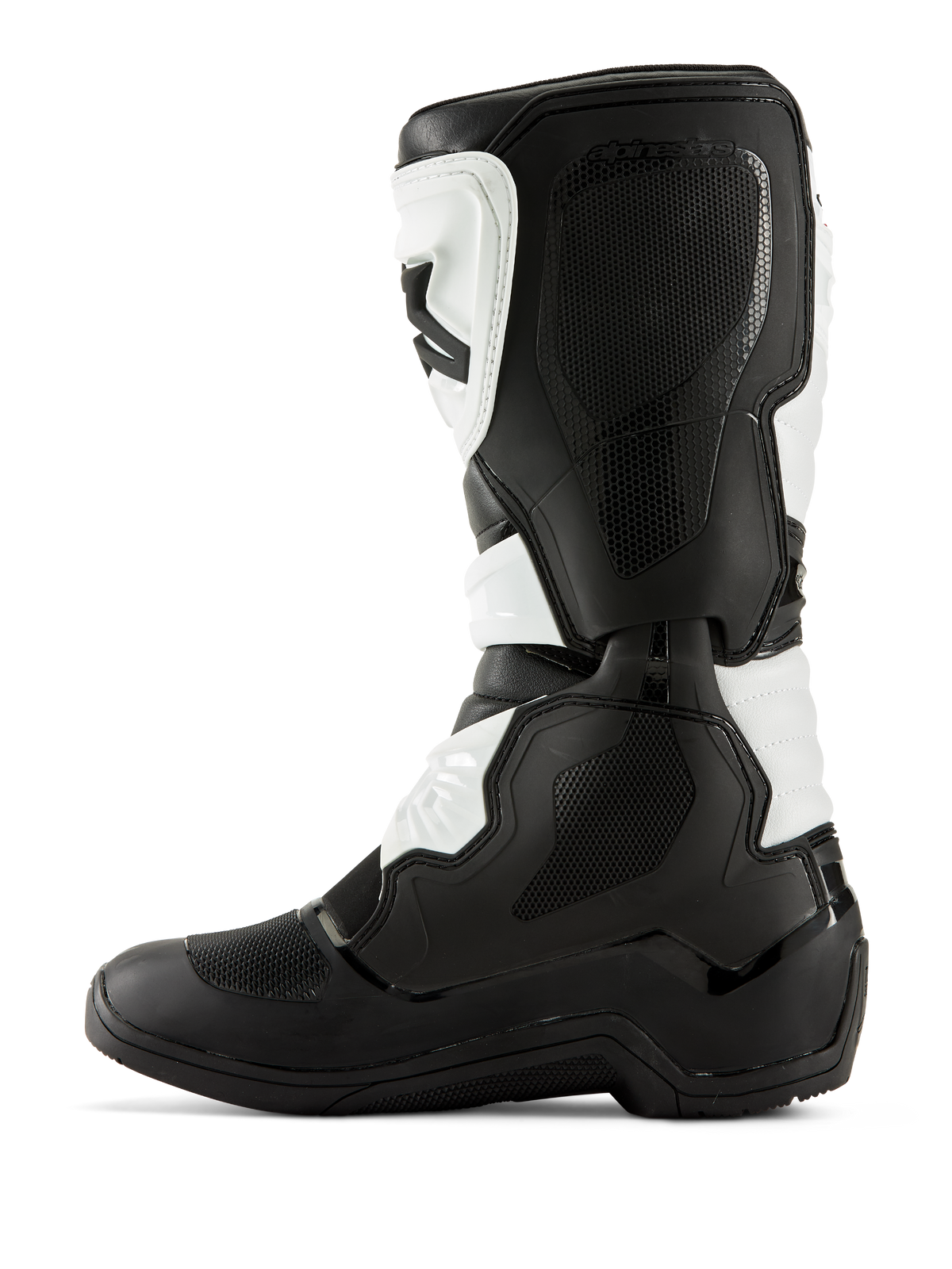 Alpinestars Tech 3 Boots, Motocross Boots, Black and White, medial side profile featuring textured grip panels, TPU protectors, and durable microfiber construction, professional-grade off-road footwear.