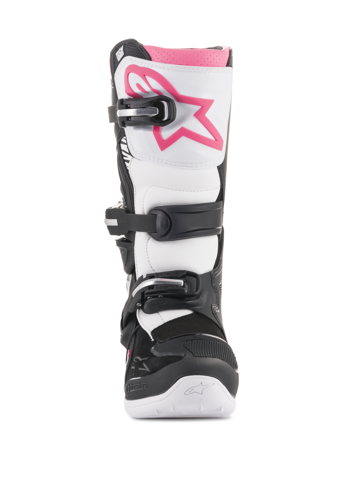 Alpinestars Women Stella Tech 3 Boots, Motocross Boots, Black White and Pink, front view featuring a white shin plate with a pink Astars logo, black buckle closure system, and pink upper cuff, durable protective footwear for off-road riding.