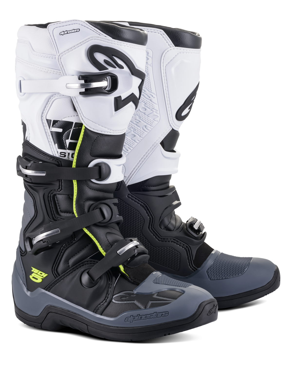 Alpinestars Tech 5 Boots, Motocross and Off-Road Boots, Black Dark Gray and White, featuring neon yellow accents, four-buckle closure system, white upper panel with black Astars logo, dark gray toe and heel protection, and durable microfiber construction