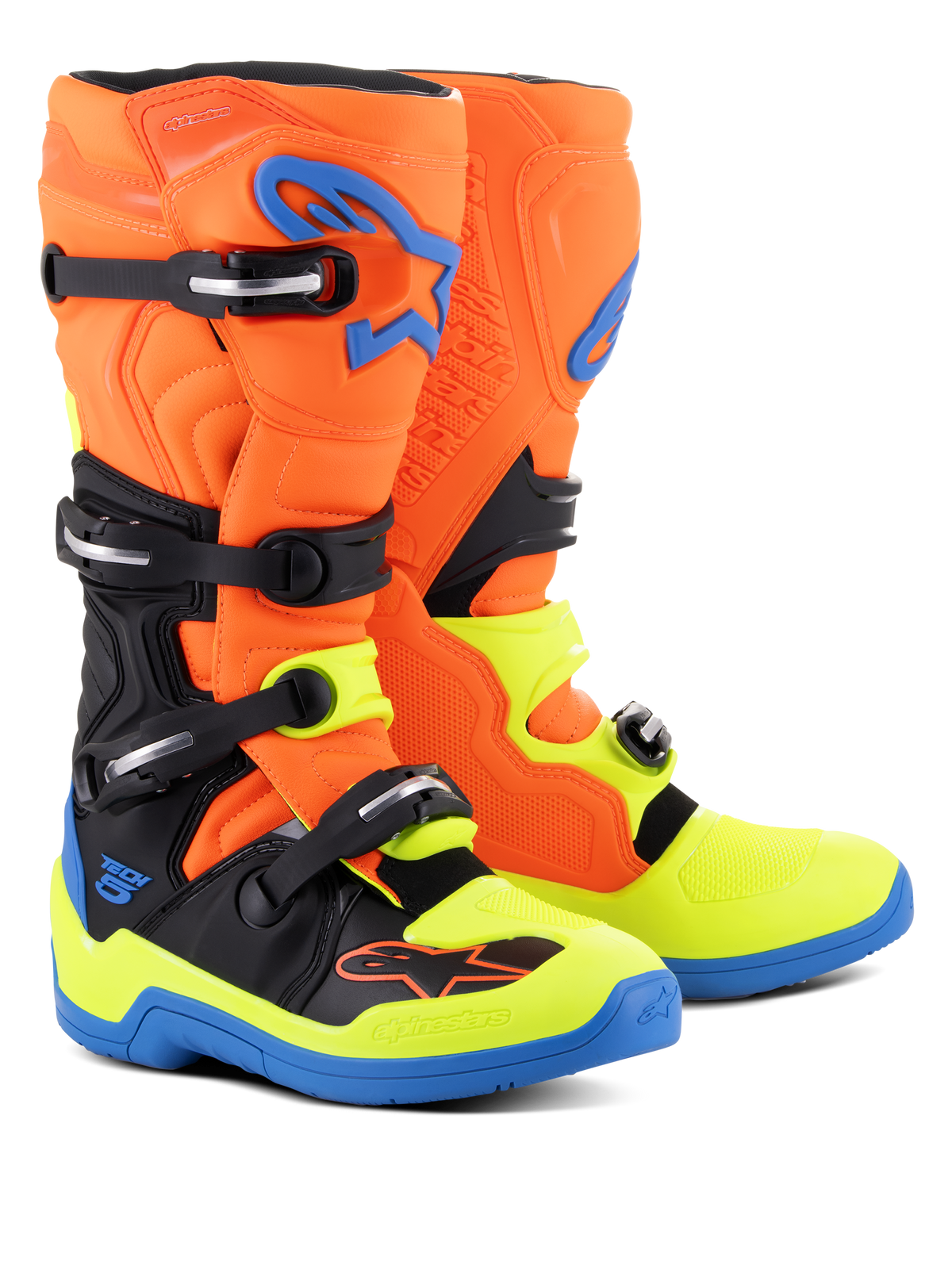 Alpinestars Tech 5 Boots, Motocross Boots, Orange Fluo, Enamel Blue and Yellow Fluo, featuring a four-buckle closure system, biomechanical pivot for stability, and bright multi-color design for off-road riding