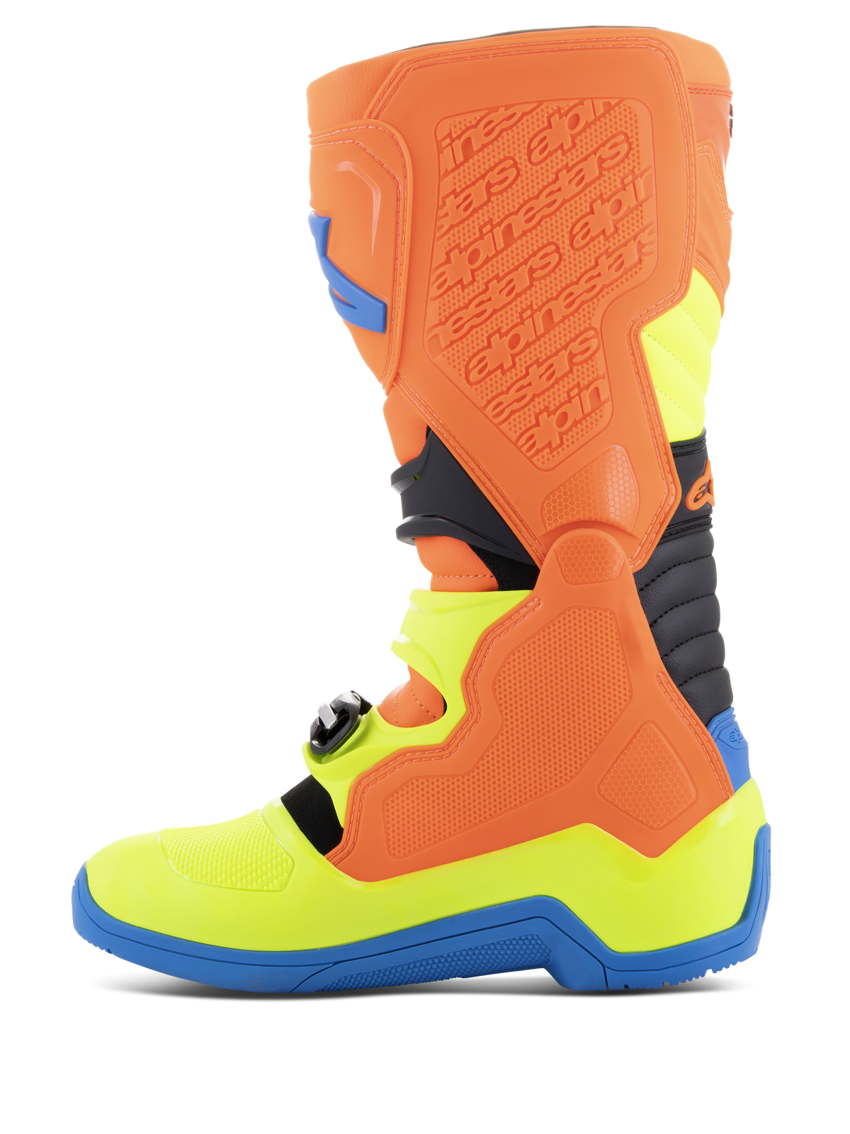 Alpinestars Tech 5 Boots, Motocross Boots, Orange Fluo, Enamel Blue, and Yellow Fluo, side profile view showing the biomechanical pivot system, contoured polymer structure, and durable microfiber chassis for off-road performance.