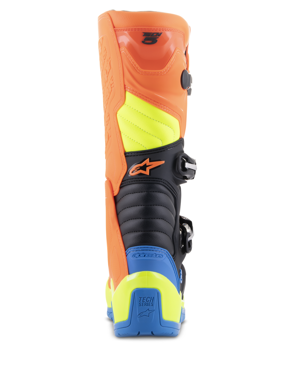 Alpinestars Tech 5 Boots, Motocross Boots, Orange Fluo, Enamel Blue and Yellow Fluo, rear view showing accordion flex zones, durable polymer calf protector, and bold multi-color panel design for off-road racing