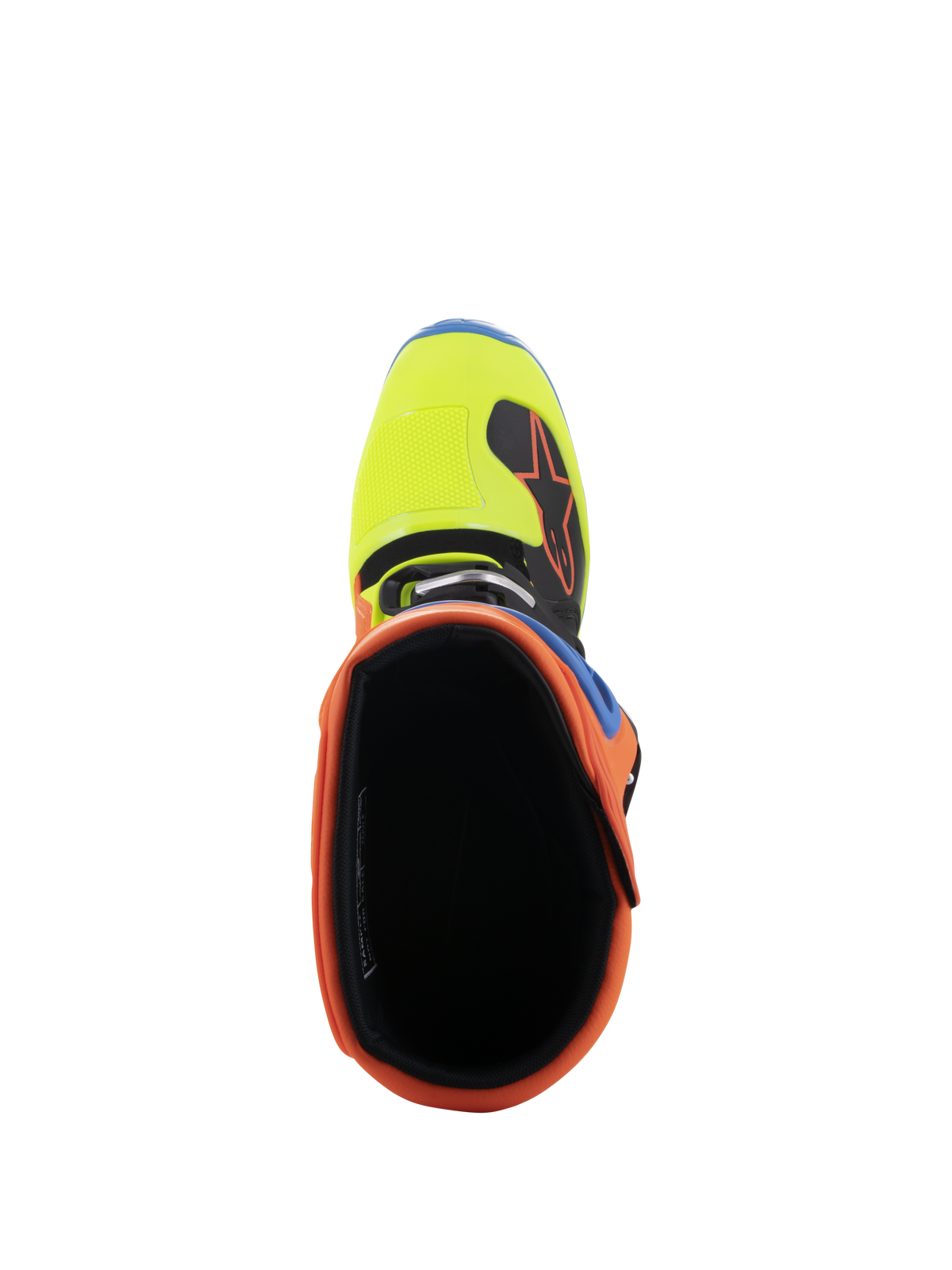 Alpinestars Tech 5 Boots, top-down view looking into the opening, featuring vibrant Orange Fluo collar and Yellow Fluo toe box, black interior lining, durable off-road motocross footwear