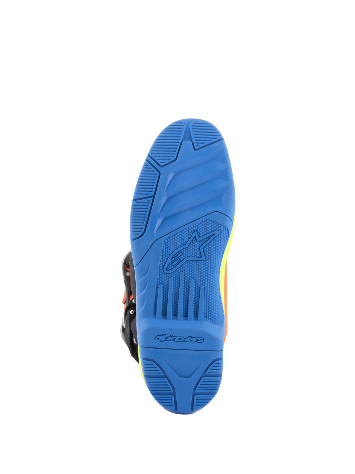 Alpinestars Tech 5 Boots, Motocross Boots, Orange Fluo Enamel Blue and Yellow Fluo, detailed bottom view of the blue dual-compound sole featuring textured grip and Alpinestars branding