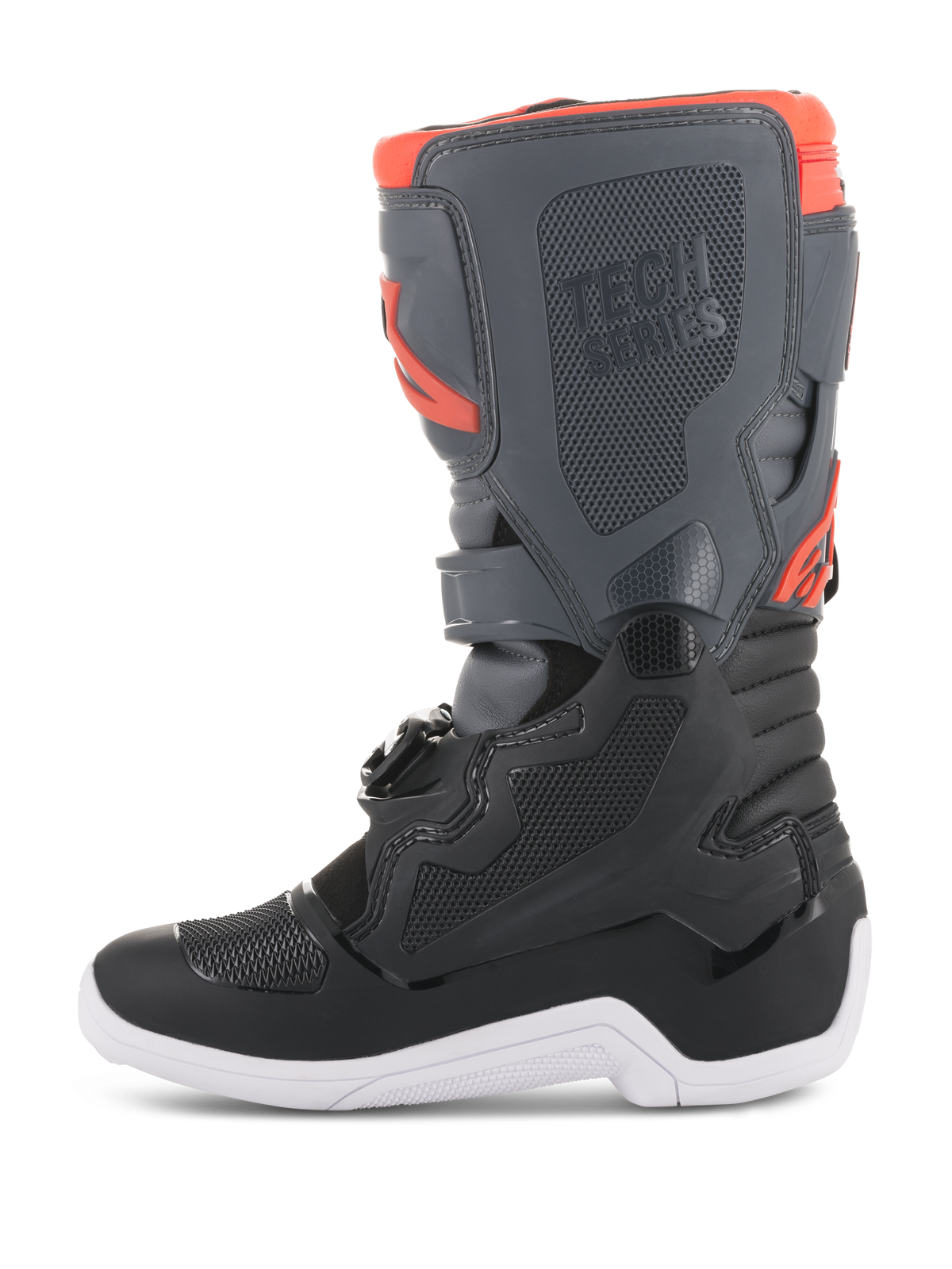 Alpinestars Youth Tech 7S Boots, Motocross Boots, Black Dark Gray and Red Fluorescent, side profile view featuring protective TPU panels, Tech Series branding, and white sole