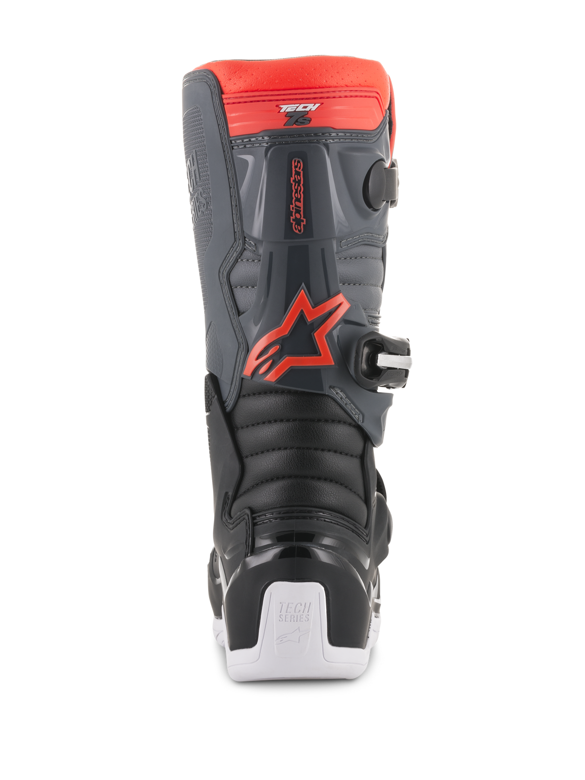 Alpinestars Youth Tech 7S Boots, Motocross Boots, Black Dark Gray and Red Fluorescent, rear view featuring TPU protection panels, red fluorescent Alpinestars logo, and white sole accents, durable off-road protective footwear.