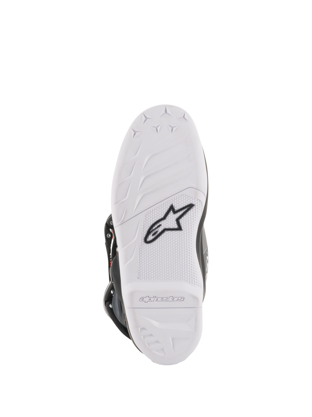 Alpinestars Youth Tech 7S Boots, Motocross Boots, bottom sole view in white, featuring black Alpinestars star logo and embossed branding, durable compound construction with high-performance grip pattern