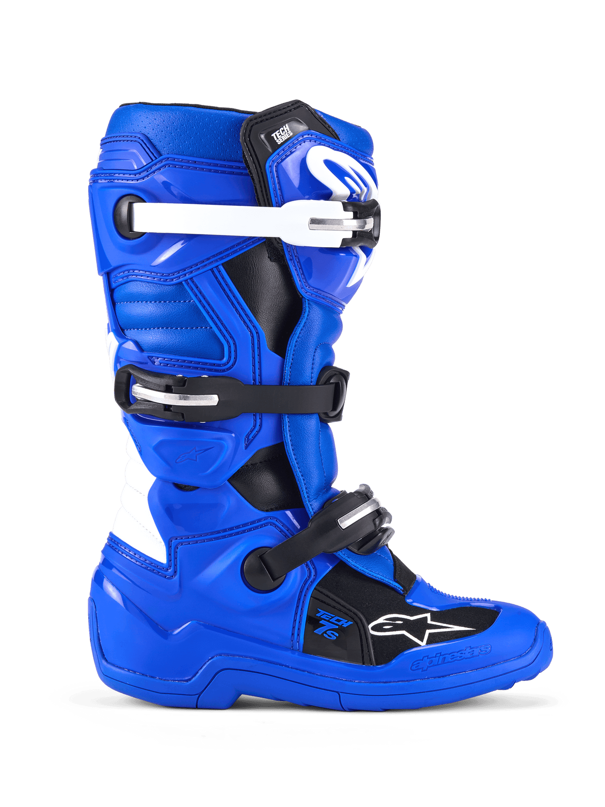 Alpinestars Youth Tech 7 S Boots, Motocross Boots, Blue Black and White, side view showing PU-reinforced microfiber upper, four-buckle closure system with white and black straps, TPU shin plate, and Alpinestars logo, protective off-road footwear for youth riders