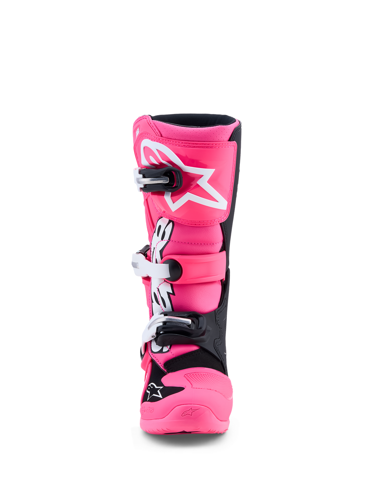 Alpinestars Youth Tech 7S Motocross Boots in Pink Fluo and Black, featuring TPU shin protection and quick-release buckles.