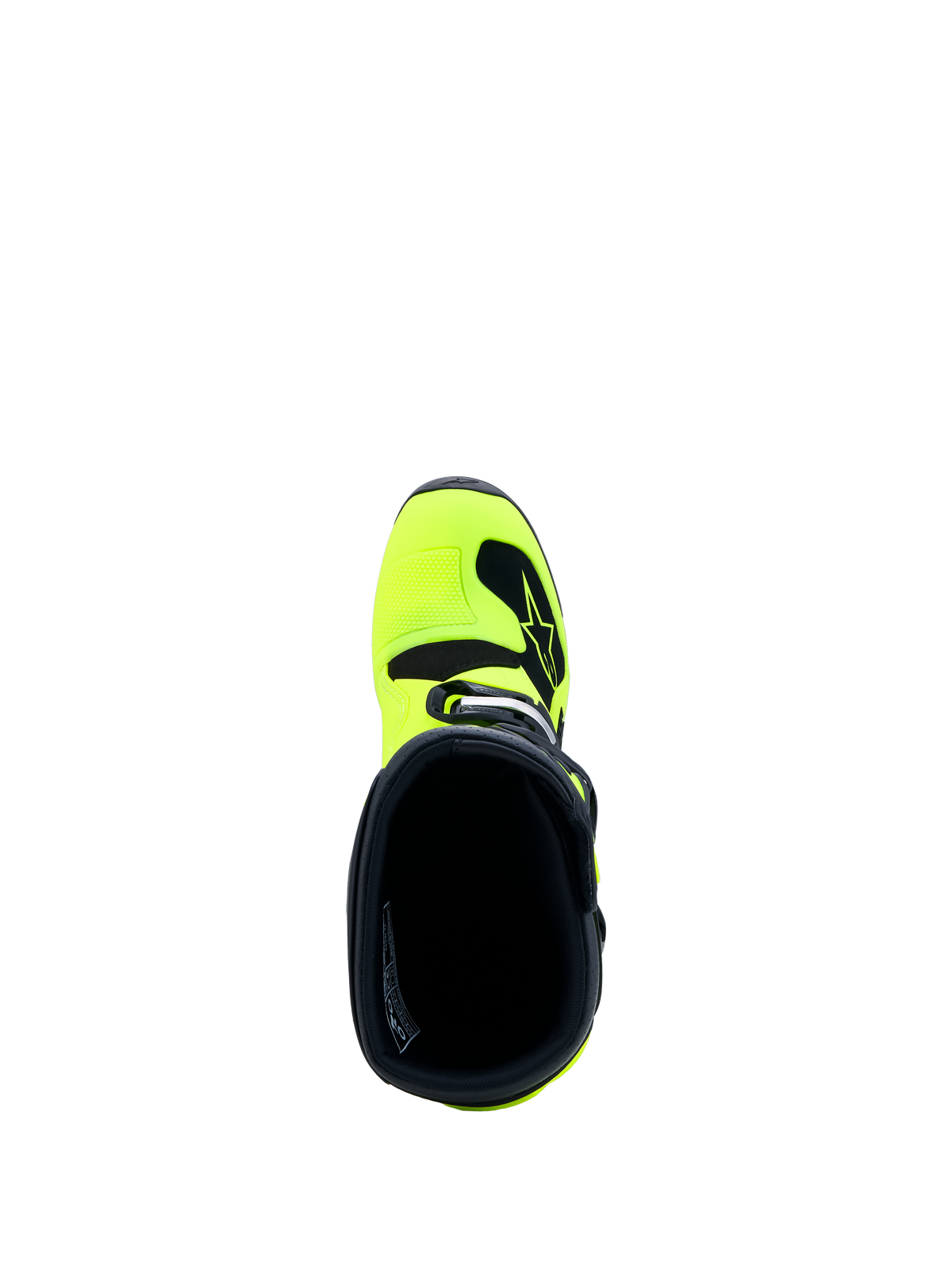 Alpinestars Youth Tech 7S Boots, Yellow Fluo and Black motocross boots for junior riders, top-down view of the inner collar.