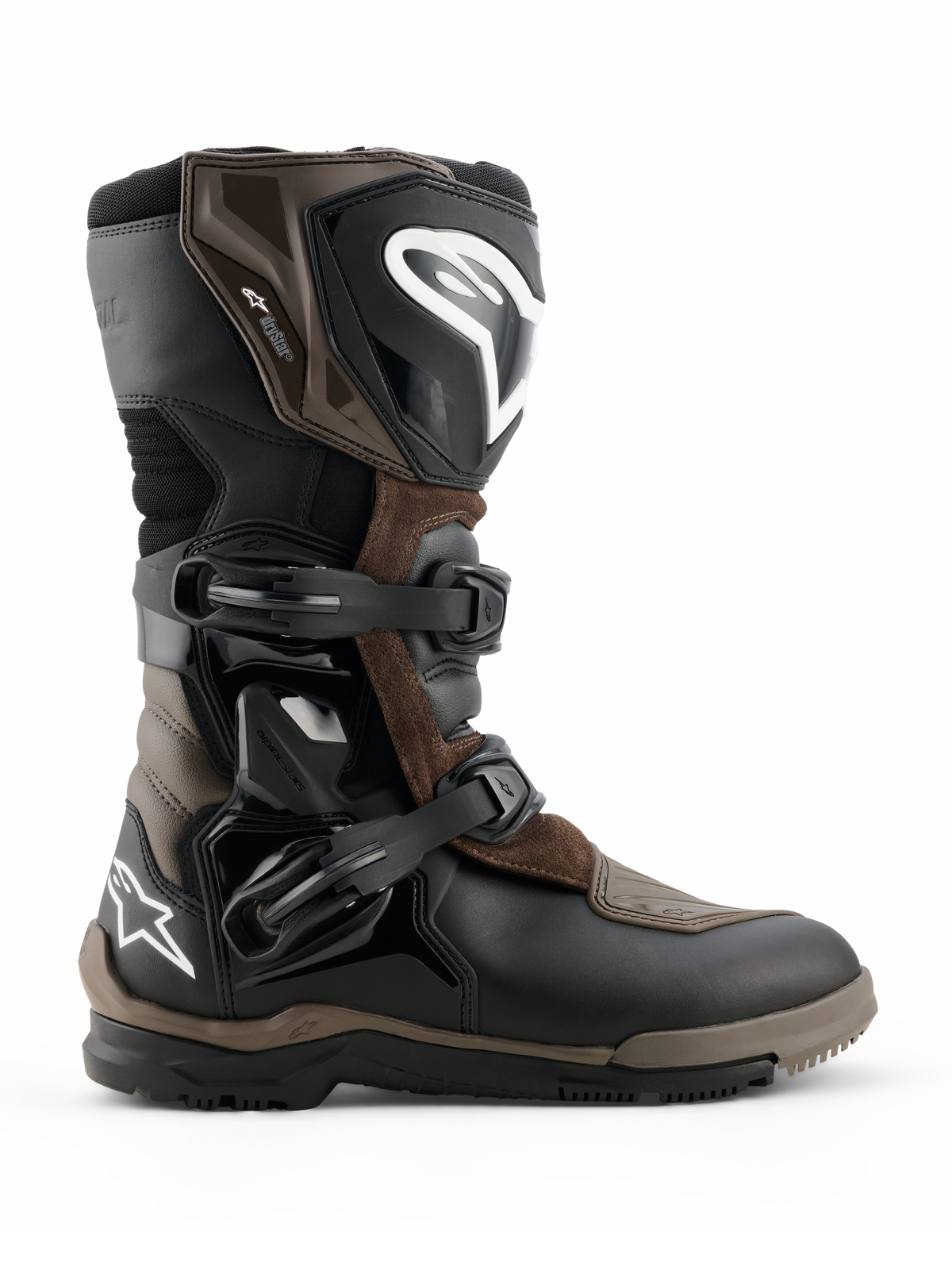 Alpinestars Corozal V2 Adventure Drystar Boots, Motorcycle Adventure Touring Boots, Brown and Black, waterproof construction with adjustable buckle straps, reinforced ankle and shin protection, rugged textured sole for all-terrain grip