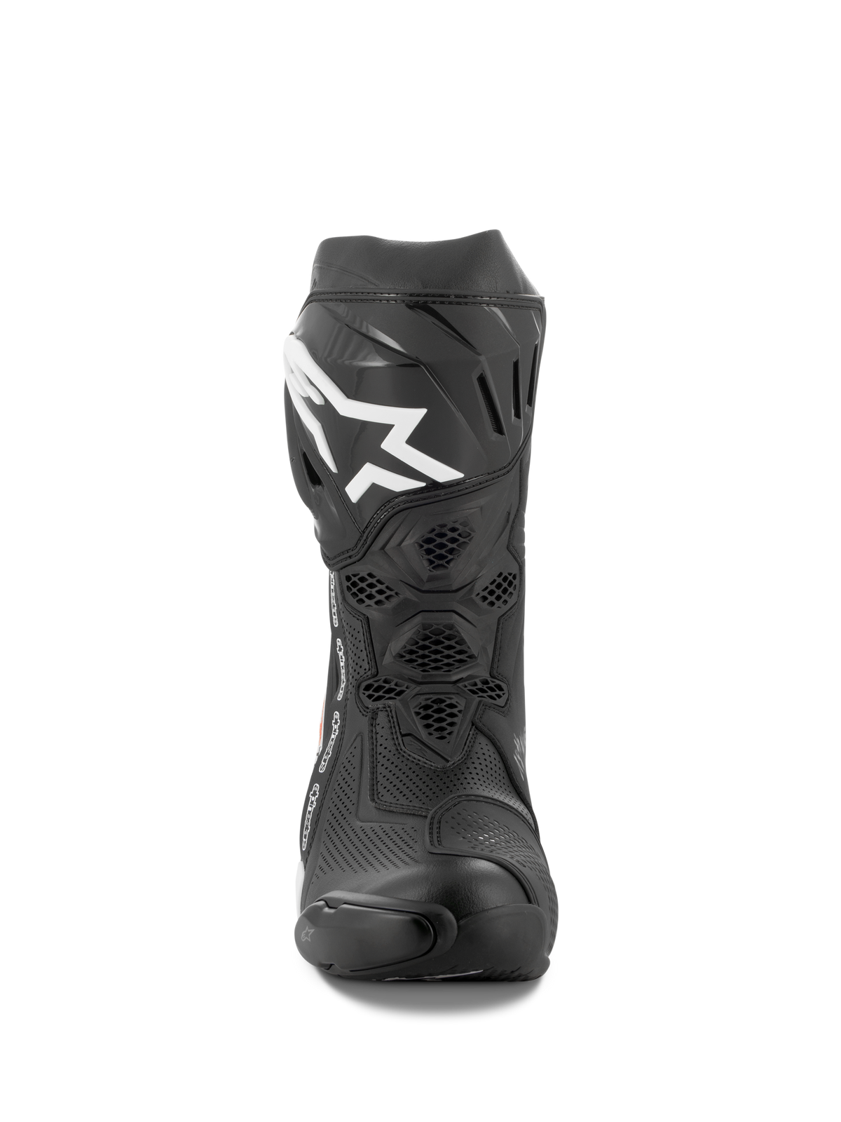Alpinestars Supertech R Vented Boots, Motorcycle Racing Boots, Black and White, front view showing perforated microfiber construction, white Alpinestars logo on the shin plate, and durable TPU protection.