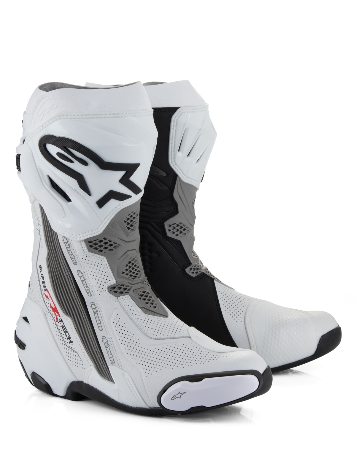 Alpinestars Supertech R Vented Boots, Racing Motorcycle Boots, White Mid Gray and Black, featuring perforated microfiber construction for airflow, TPU shin plate with Alpinestars logo, and replaceable sliders, professional track-ready design