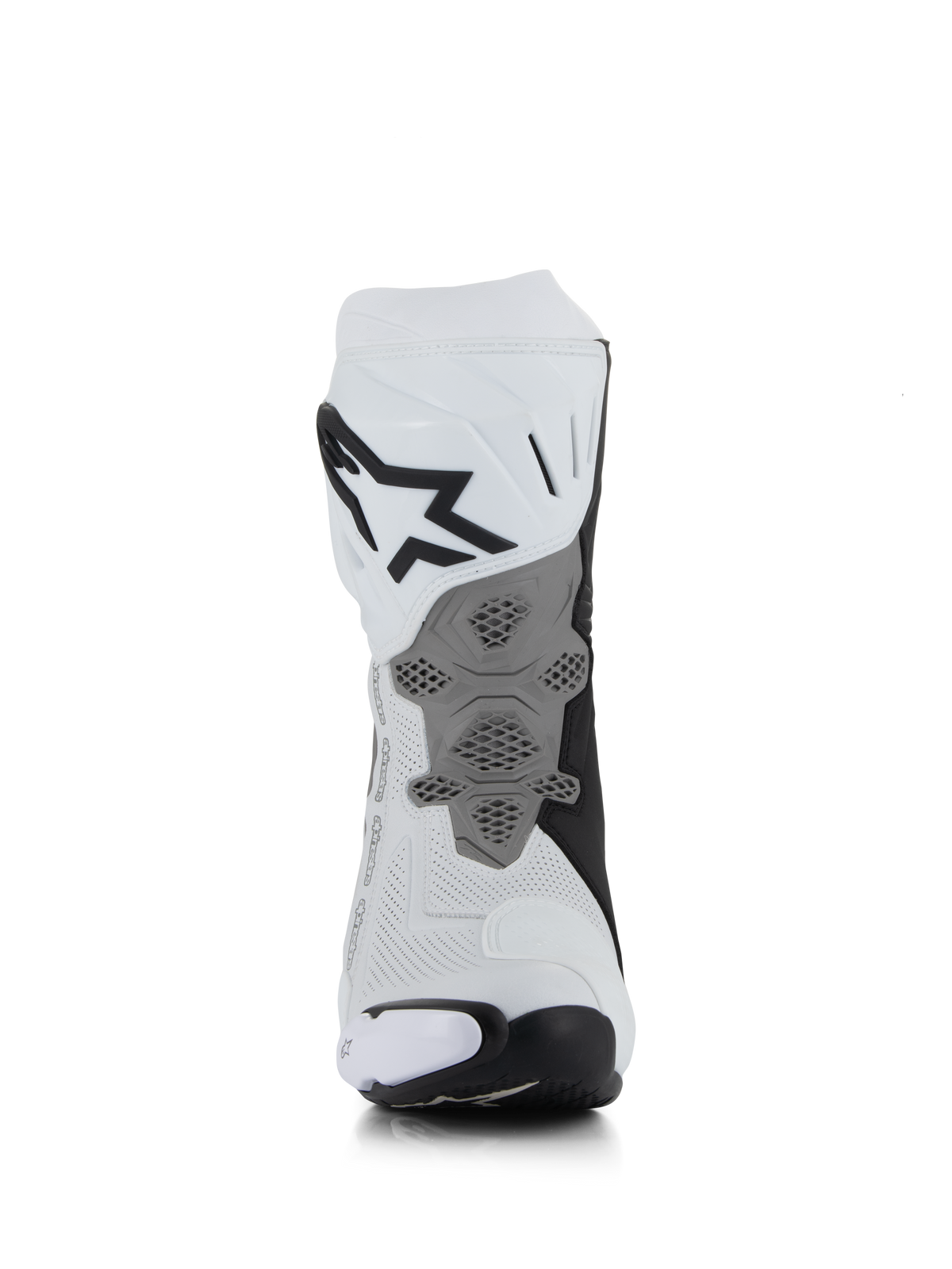 Alpinestars Supertech R Vented Boots, White Mid Gray Black, rear view showing perforated microfiber construction, redesigned grey heel plate with honeycomb texture, bold black logo on upper calf, professional racing and sport motorcycle footwear