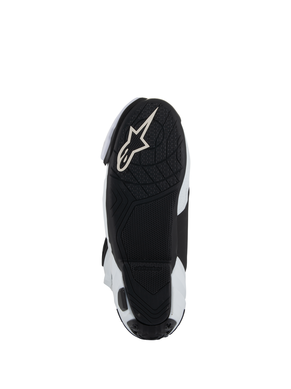 Sole of Alpinestars Supertech R Vented Boots, Black lightweight rubber outsole with textured tread for grip on pegs, featuring white Alpinestars Astar logo, White and Black colorway