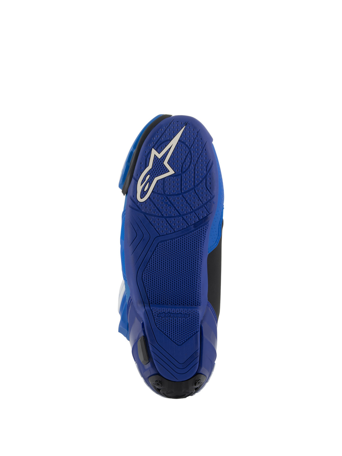 Alpinestars Supertech R Vented Boots, Blue and Black, Bottom view of the blue rubber sole with a white Astars logo, featuring textured grip patterns for footpeg control, high-performance motorcycle racing footwear.