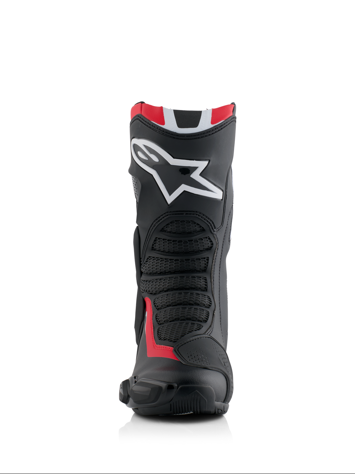 Alpinestars Honda SMX-6 V3 Boots, Performance Motorcycle Boots, Black Bright Red and White, front view featuring large white Alpinestars logo on the shin, textured mesh flex zones, and aerodynamic protective profile