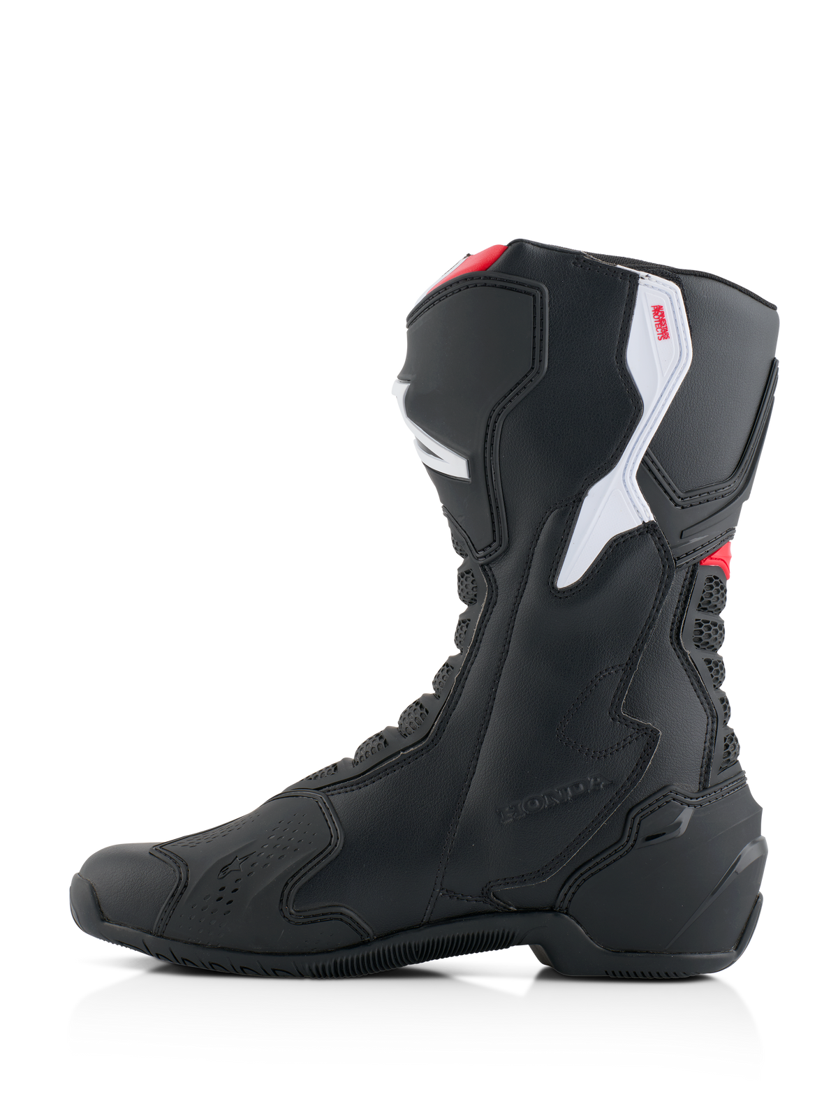Alpinestars Honda SMX-6 V3 Boots, Performance Motorcycle Boots, Black with Bright Red and White accents, medial side profile, featuring durable microfiber construction, TPU protective panels, and embossed Honda branding.