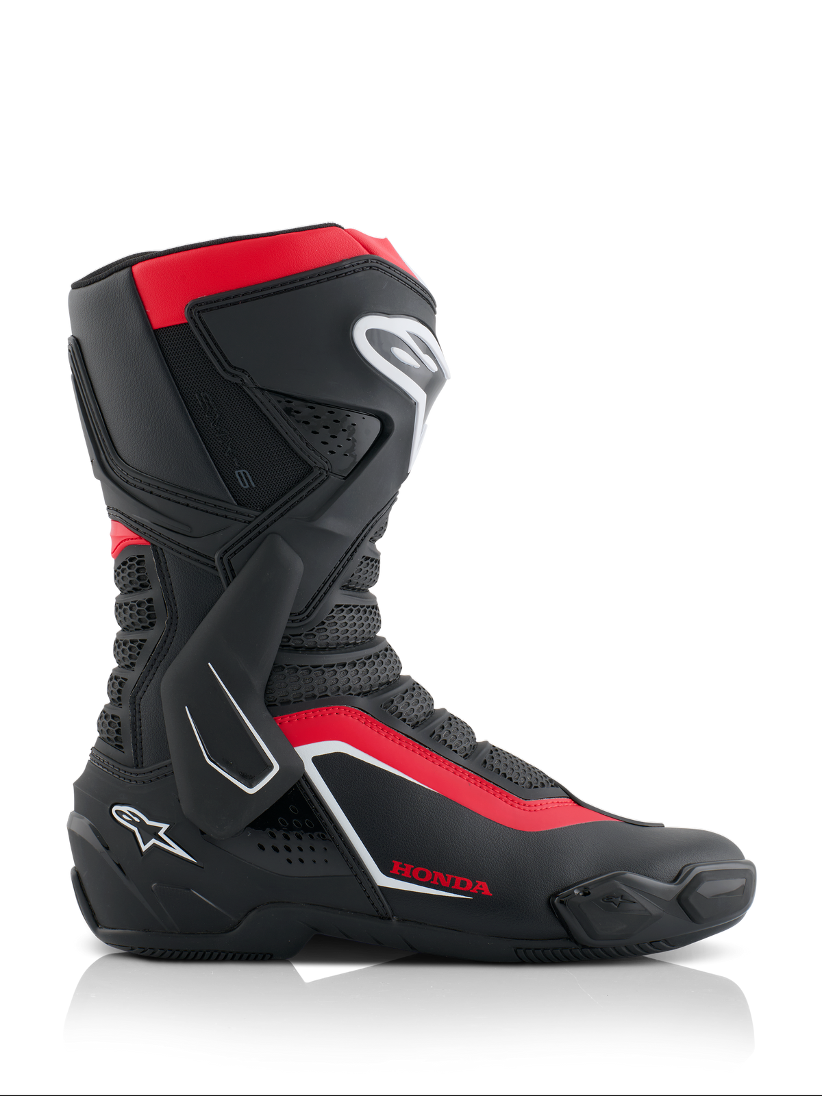 Alpinestars Honda SMX-6 V3 Boots, Performance Riding Boots, Black Bright Red and White, side view featuring microfiber construction with TPU protection, lateral ankle brace, and Honda branding, professional motorcycle racing and road gear