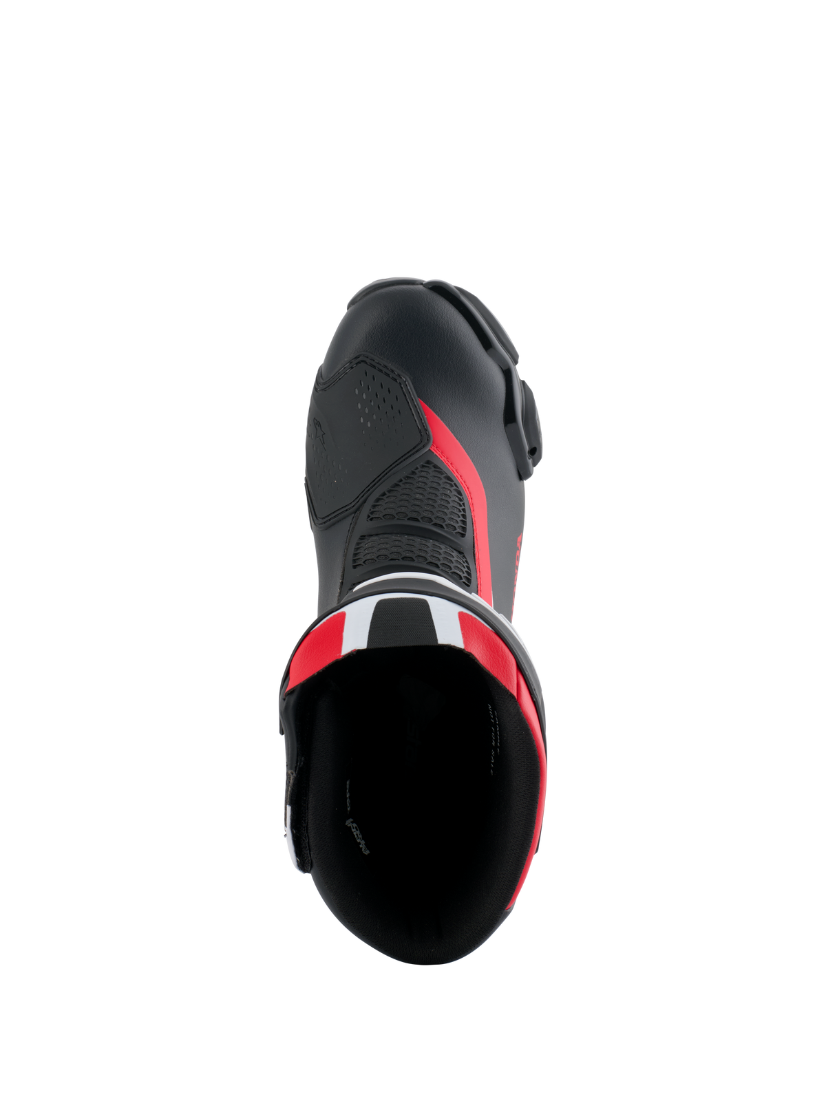 Alpinestars Honda SMX-6 V3 Boots, Performance Motorcycle Boots, Black Bright Red and White, top-down view looking into the boot opening, featuring microfiber upper with mesh detailing and red accents, sleek aerodynamic design for track and street riding