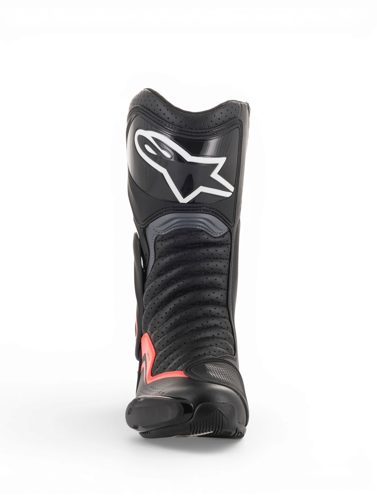 Alpinestars SMX-6 V2 Vented Boots, black and gray motorcycle racing boot with red fluorescent accents, front view showing a perforated upper, shin protection and toe slider