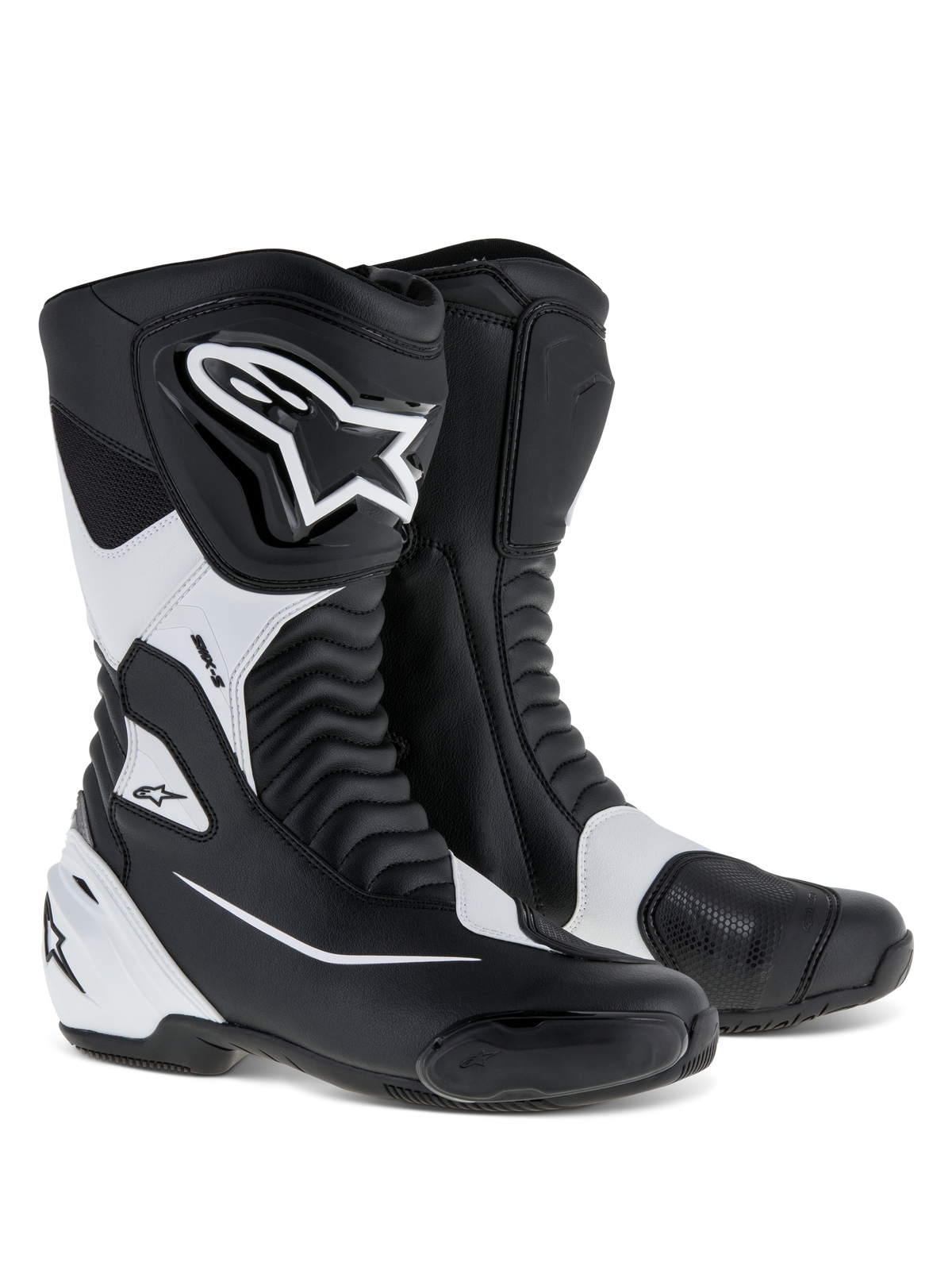 Alpinestars SMX S Boots, Sport Motorcycle Boots, Black and White, featuring a durable microfiber upper with PU shin and heel shields, accordion flex panels, and prominent Alpinestars branding, performance road riding footwear.