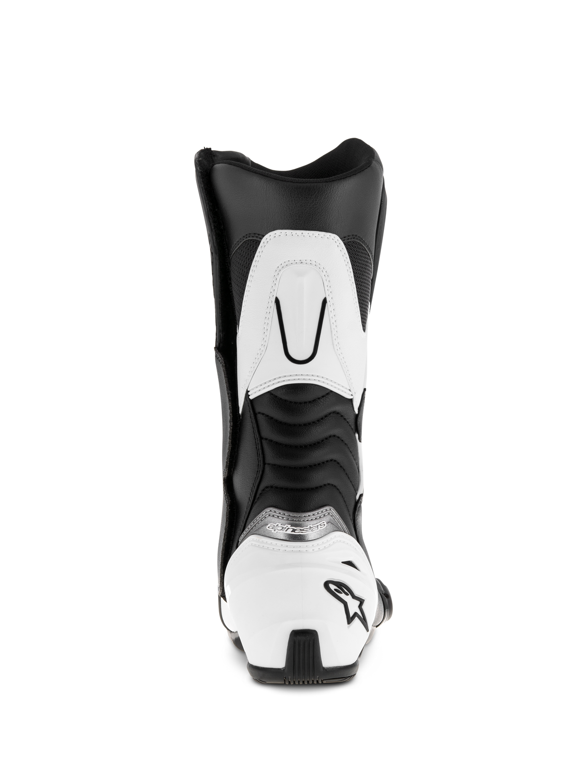 Alpinestars SMX S Boots, Black and White, rear view showing white heel counter with black star logo, ribbed accordion flex panels, and white upper calf reinforcement, durable microfiber sport motorcycle boots