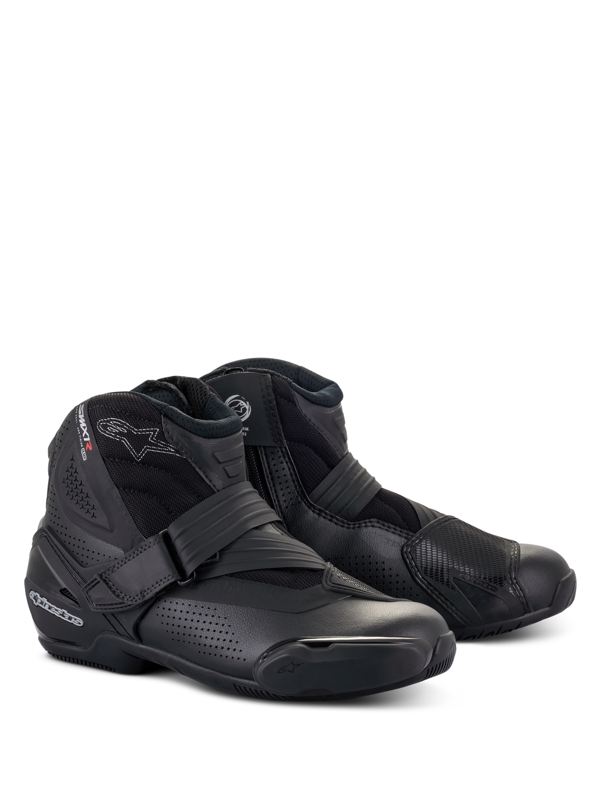 Alpinestars SMX-1 R V2 Vented Boots, low-cut motorcycle riding shoes, all-black design, featuring perforated microfiber upper, TPU heel counter and shift pad, with a secure strap and side zipper closure, three-quarter front view