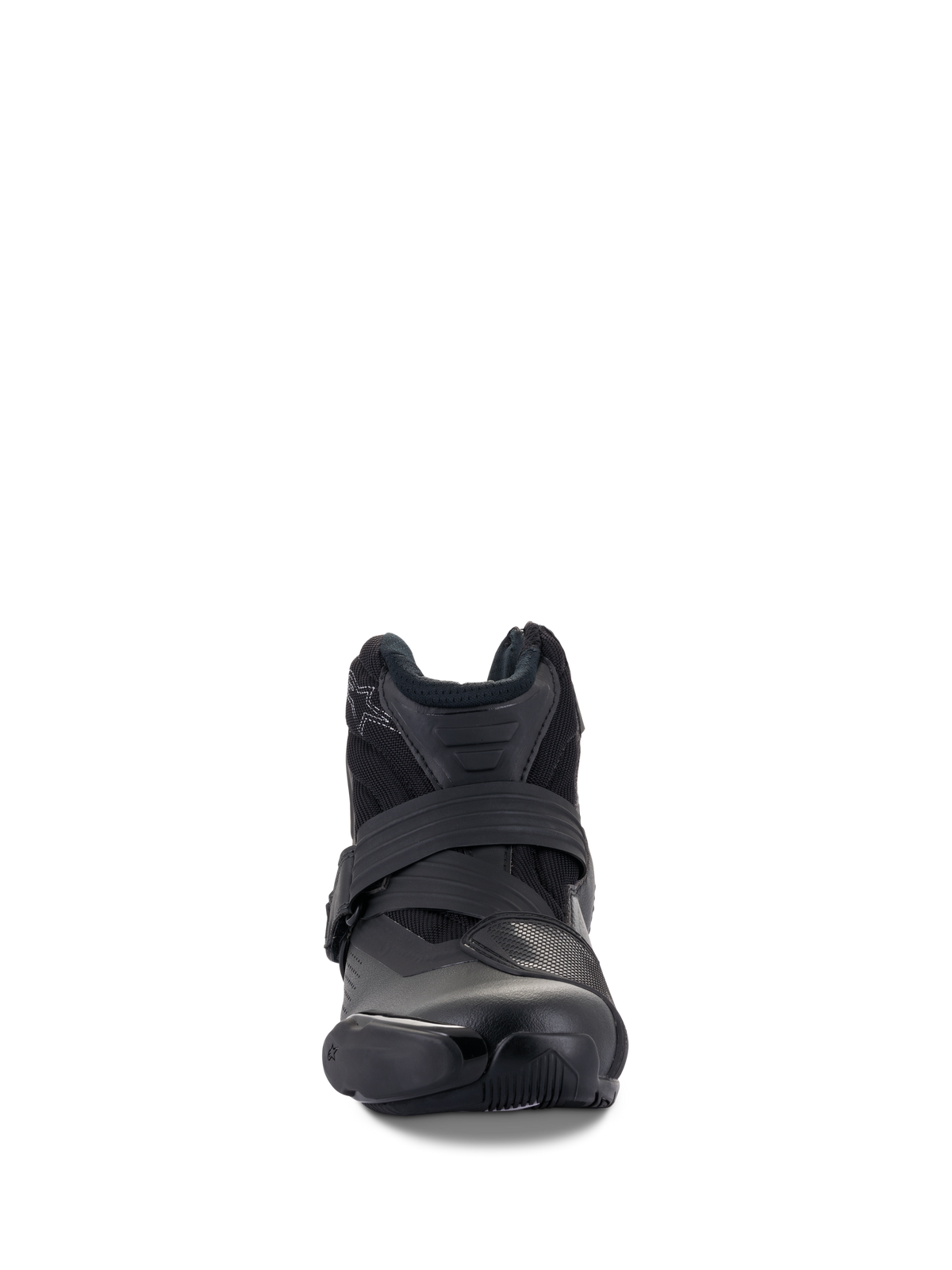 Alpinestars SMX-1 R V2 Vented Boots, Black, low-cut performance riding shoe, front-on view showing strap closure and TPU toe protection, ventilated microfiber upper