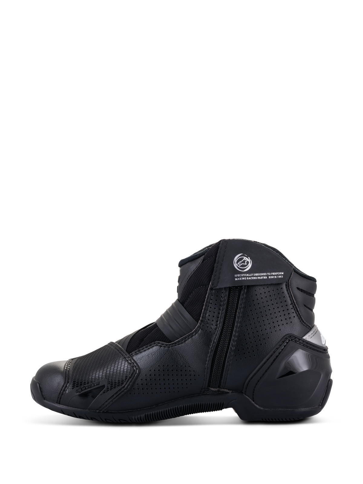 Alpinestars SMX-1 R V2 Vented Boots, Black, low-cut performance motorcycle footwear, side profile view showing perforated microfiber upper, TPU protectors, and side zipper closure.