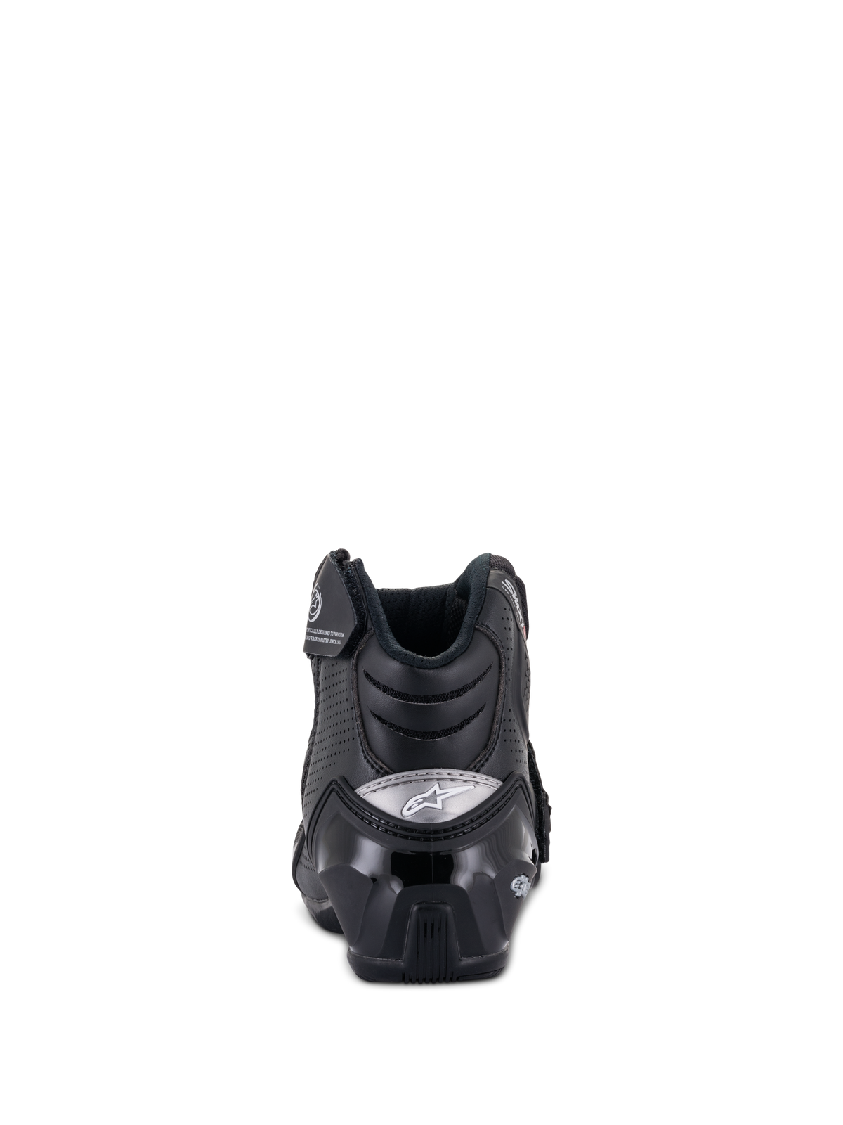 Alpinestars SMX-1 R V2 Vented Boots, Low-cut motorcycle riding shoe, Black, Rear view featuring glossy TPU heel protector with silver logo, perforated microfiber for ventilation, and ergonomic design for sport riding