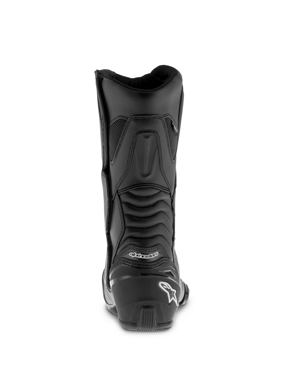 Alpinestars SMX S Waterproof Boots, Black motorcycle boots, rear profile featuring a reinforced heel counter with white logo, ribbed accordion flex panels for ankle mobility, durable microfiber construction for sport-touring.
