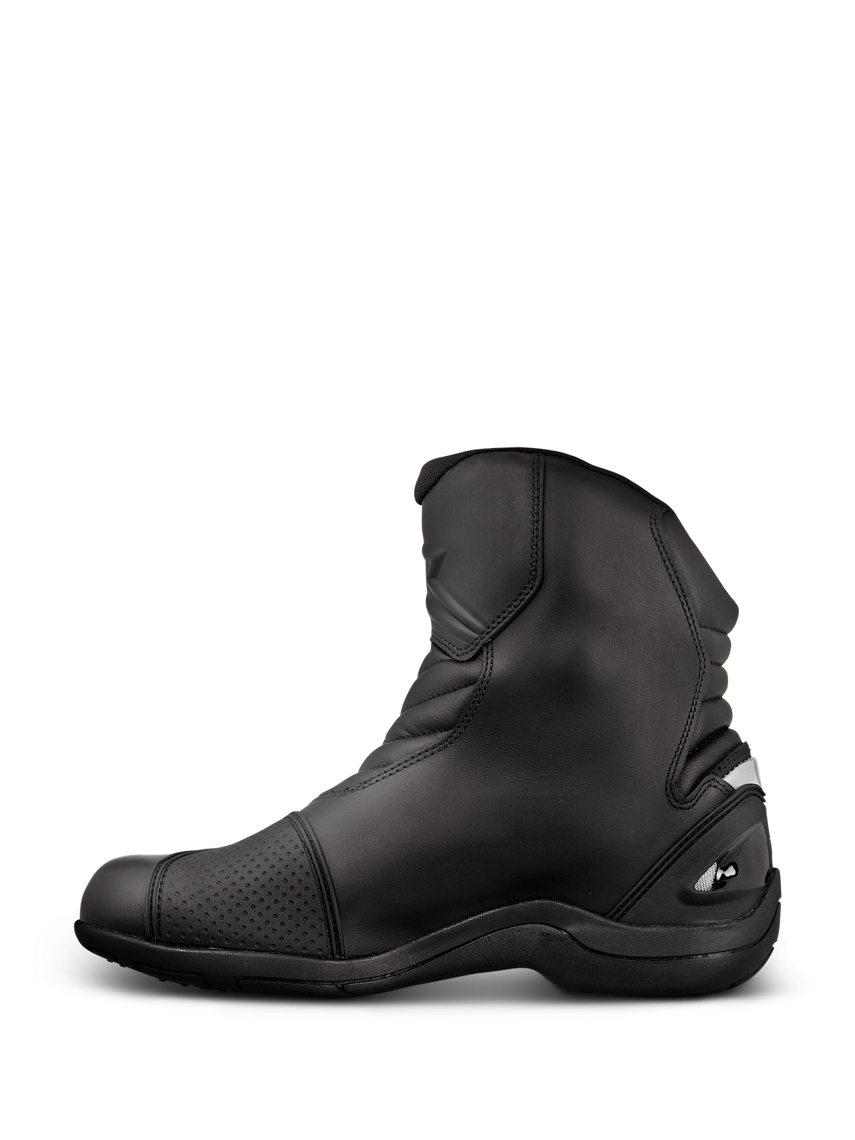 Alpinestars New Land GORE-TEX Boots, road-touring motorcycle boots, Black, mid-length full-grain leather design with accordion flex zones, reinforced shift pad, and sturdy rubber sole.
