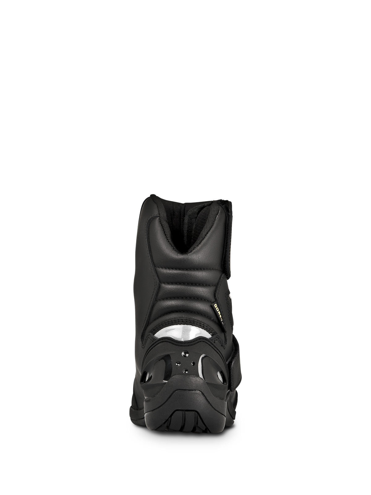 Alpinestars New Land GORE-TEX Boots, Road-Touring Motorcycle Boots, Black, rear view featuring padded accordion flex zones, reflective heel insert, and durable rubber outsole.