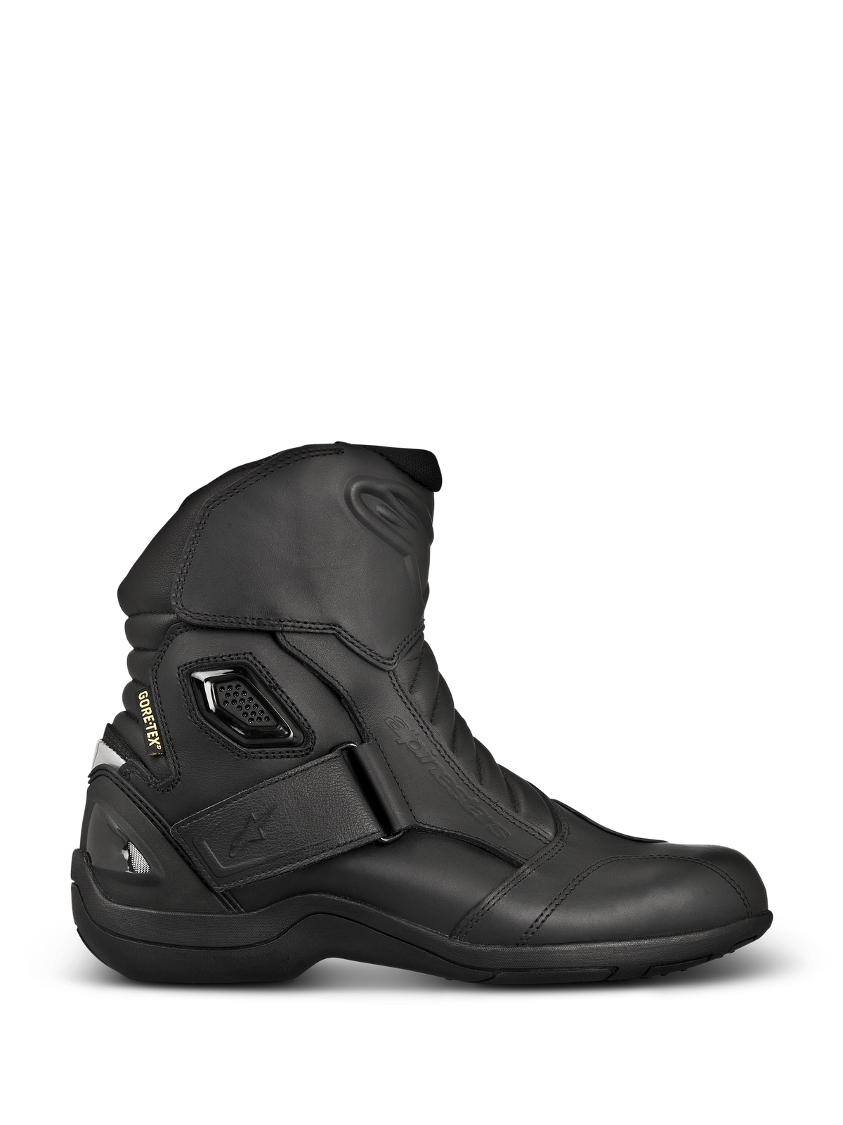 Alpinestars New Land GORE-TEX Boots, Black motorcycle touring boots, side profile featuring full-grain leather, Velcro ankle strap, GORE-TEX branding, and reinforced heel for waterproof protection.