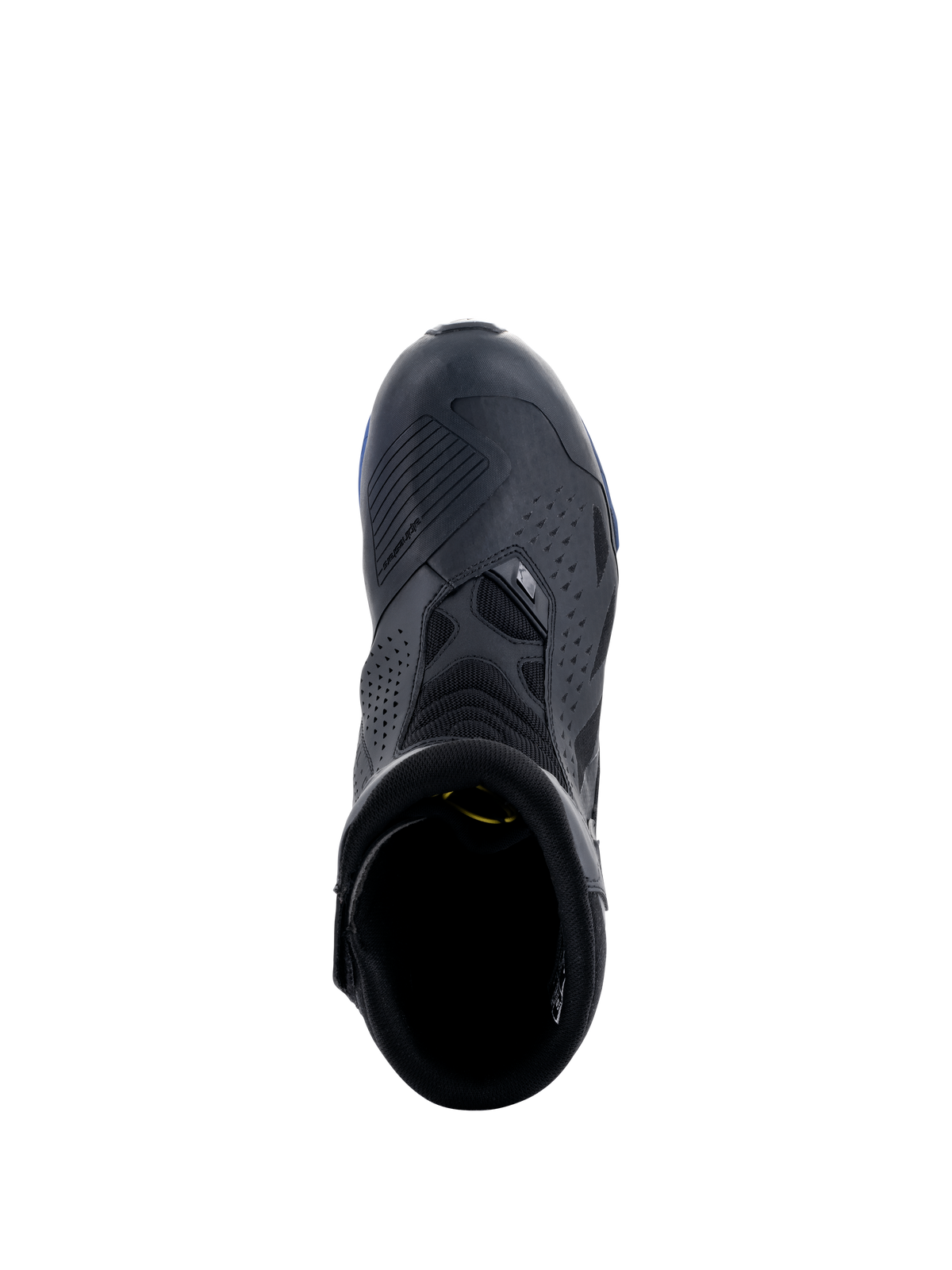 Alpinestars RT-8 GORE-TEX Boots, Black and Blue, top-down view showing the shift pad, perforated microfiber panels, and blue sole accents, technical waterproof touring motorcycle footwear